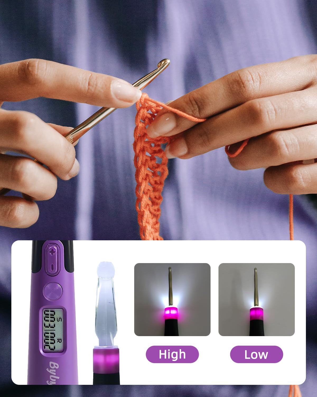 Juego de agujas de ganchillo con luz y contador – Kit de ganchos intercambiables de 18 tamaños de 2 mm a 14 mm – Iluminación, puntada digital y contador de filas – 2 niveles LED para regalos de