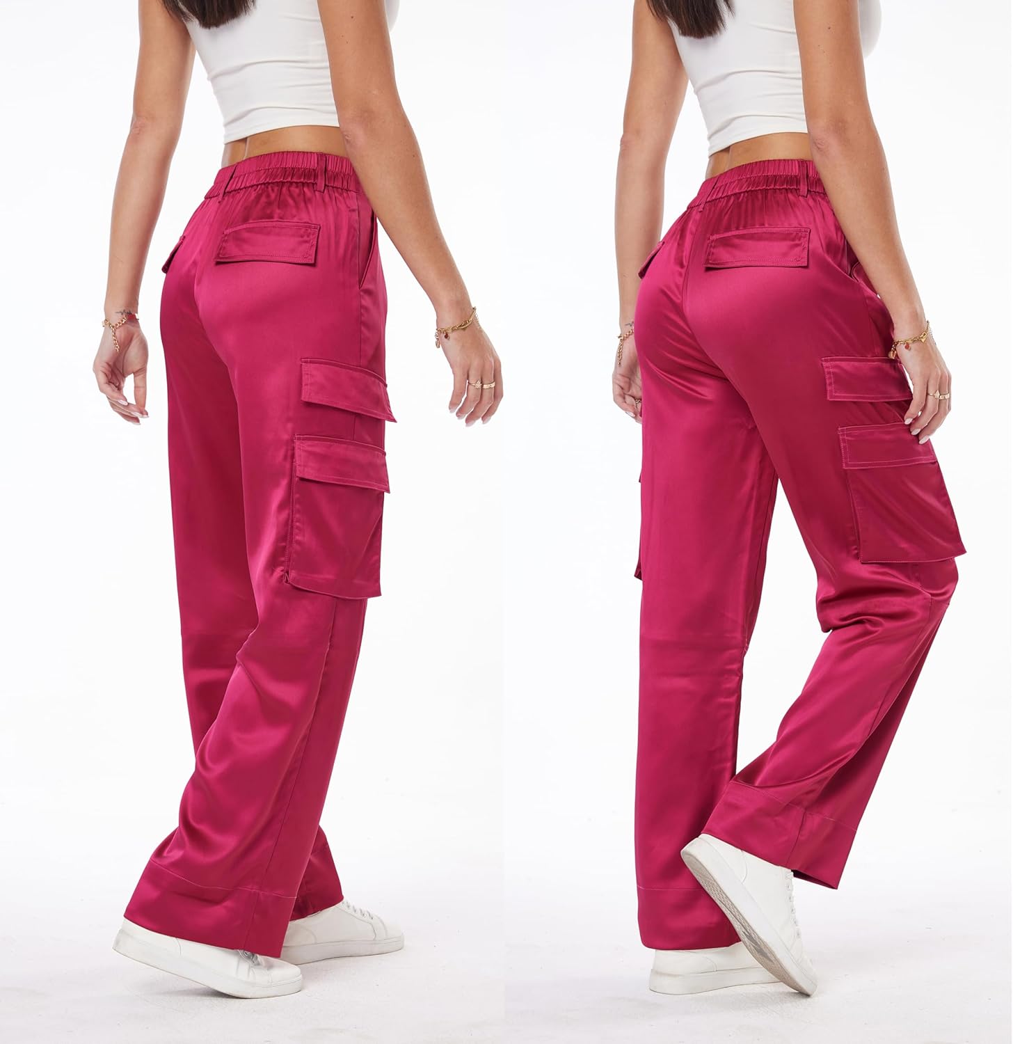 Women's Satin Cargo Wide Leg Pants Silky Party Dressy Casual Pocketed Pant Long Trouser - Image 5