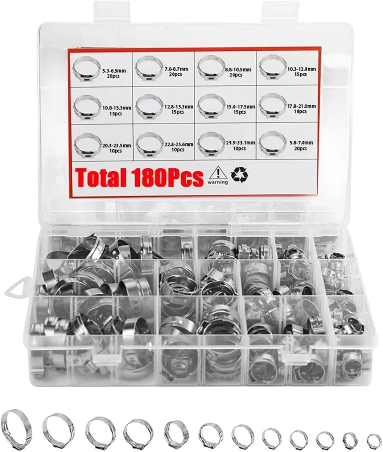 Hose Clamp 180pcs Hose Clamps 5.3-33.1mm Single Ear Stepless 304 Stainless Steel Pipe Clamp Rings For Sealing Kinds For Creating Leak proof Seal For Various Hoses