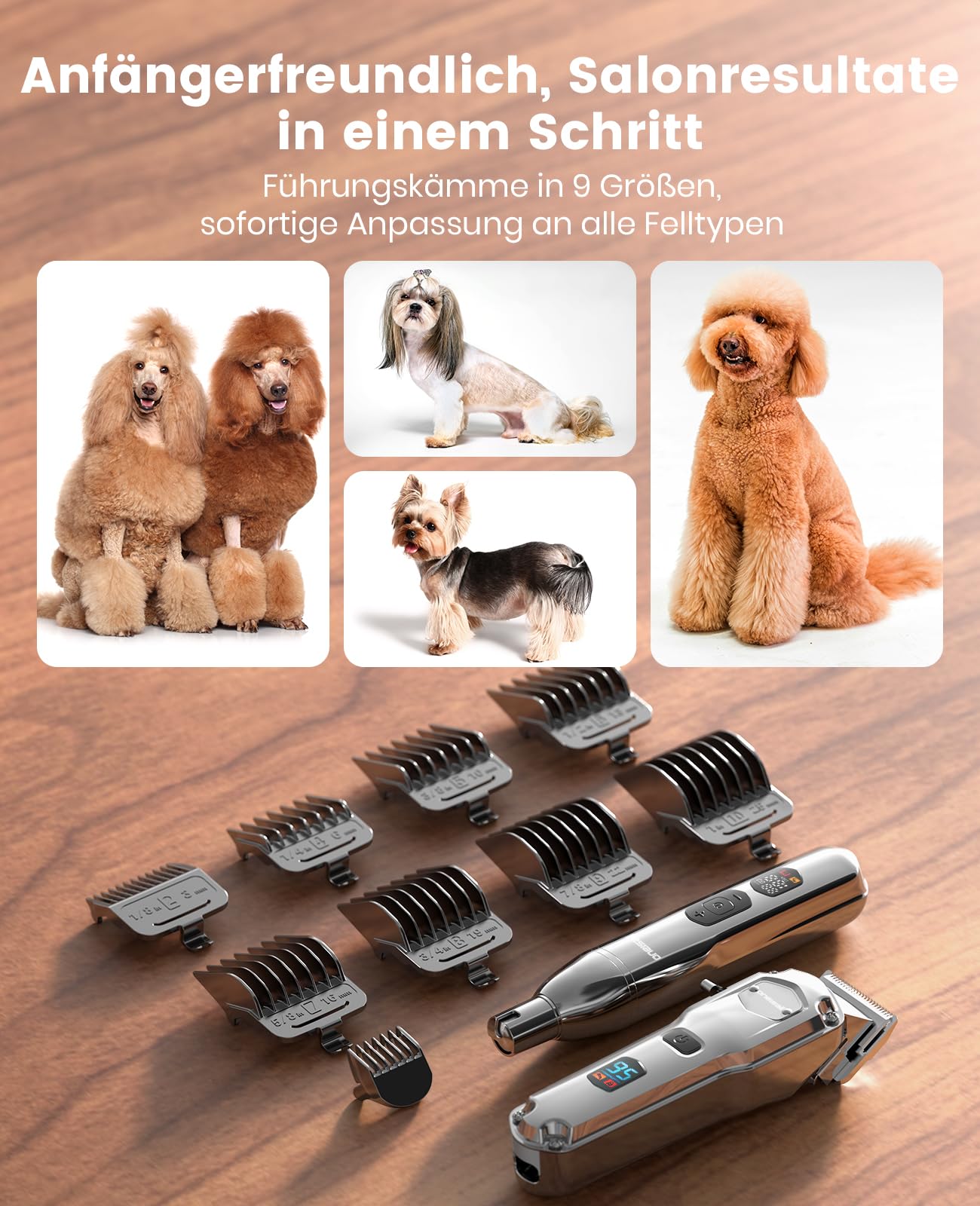 oneisall 4 in 1 Hundeschermaschine dickes/dichtes Fell, Leise Profi Schermaschine/Pfotentrimmer/Nagelschleifer für kleine und große Hunde Katzen, 4h Akku