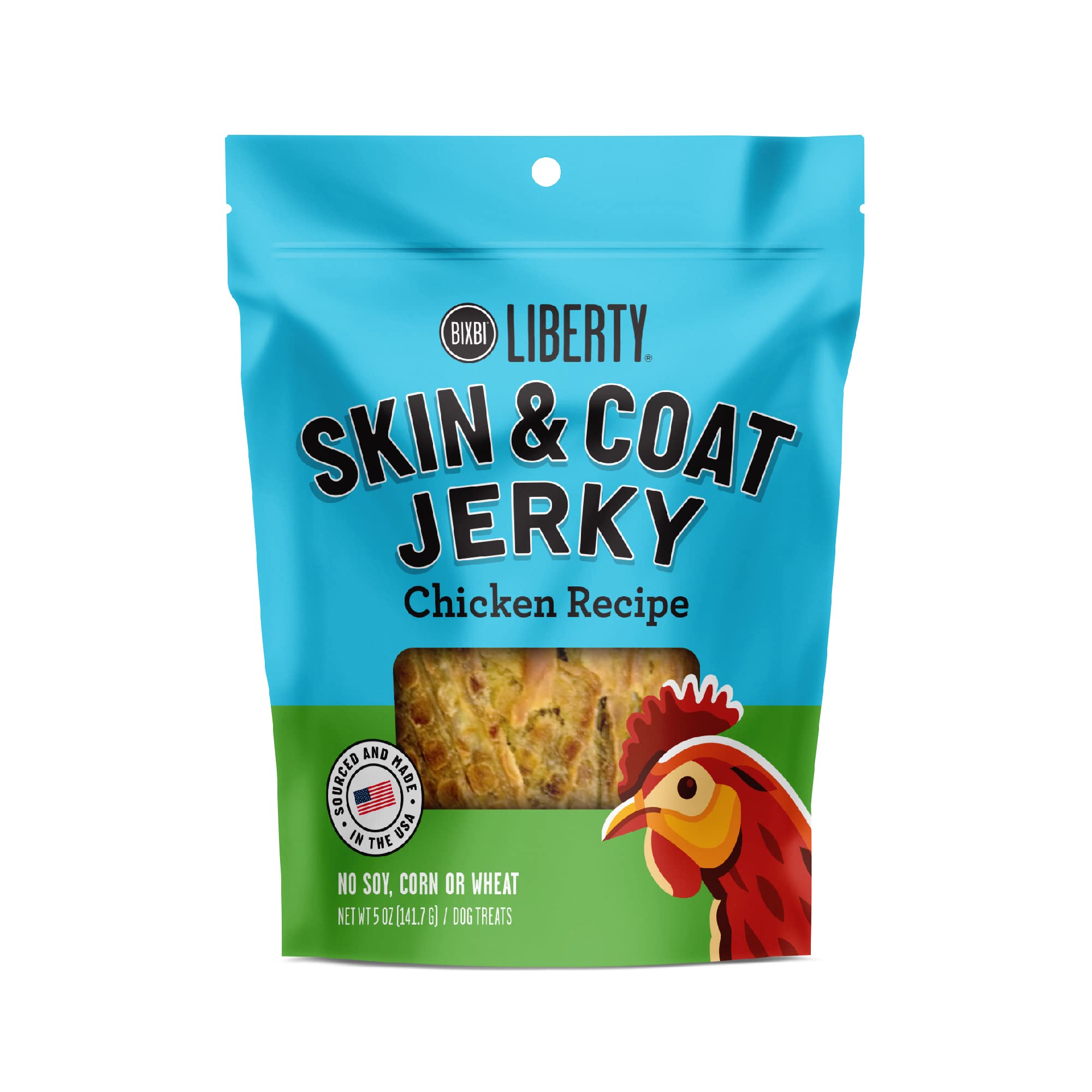 BIXBI Liberty Skin & Coat Support Chicken Jerky Dog Treats 5 oz - USA Made, Grain Free, Antioxidant Rich to Support Shiny, Full Bodied Coats