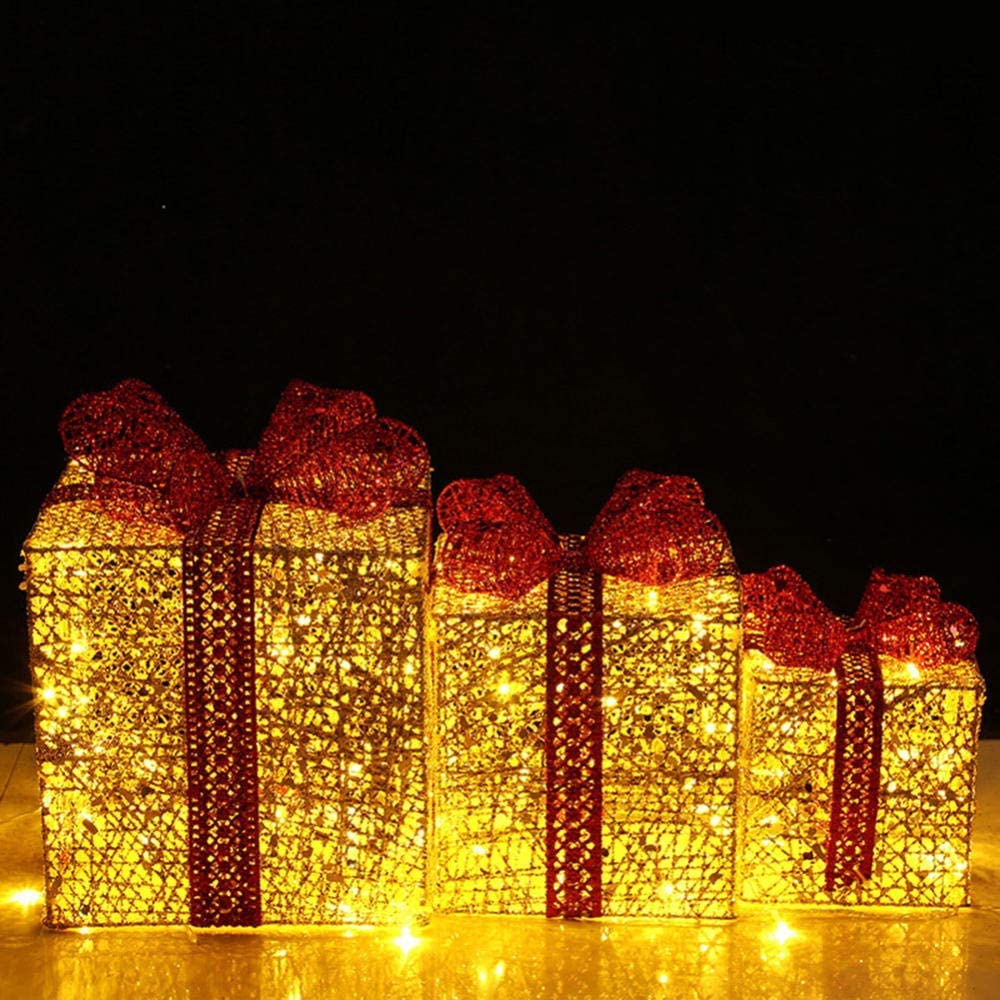 Cajas de regalo para Navidad, Juego de 3 cajas de regalo LED con iluminación decorativa navideña, hierro con lazo, juego de paquetes navideños cálidos(Gold)