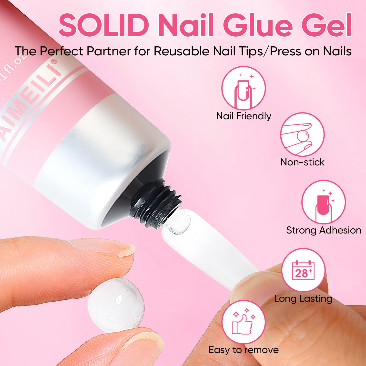 AIMEILI Solid Nail Glue 30 ml, 3 w 1 klej żelowy, mocny klej do paznokci do tipsów i miękkich żelowych tipsów