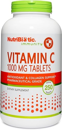 NutriBiotic - Vitamina C de 1000 mg, 250 comprimidos | Suplemento esencial de apoyo de colágeno inmunológico y antioxidante | Ácido L-ascórbico de