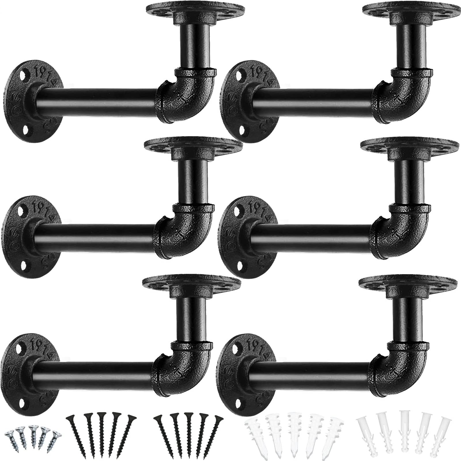 Pipe Shelf Bracket, 6 Pack Industrial Rustic Shelf Brackets, Black Iron Metal Pipe for Shelving, Vintage Wall Mounted Heavy Duty for DIY Farmhouse, Hardware Included