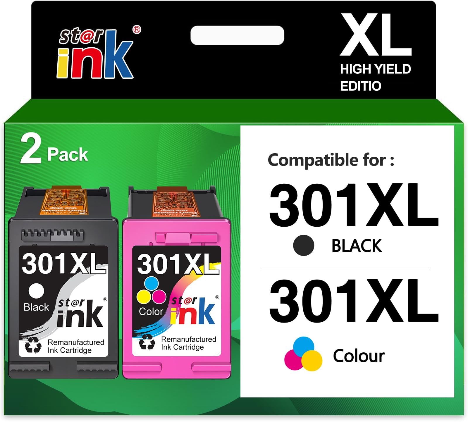301XL Ink Cartridges Black and Colour Remanufactured Combo Pack, Compatible with HP 301 XL, for Envy 4500 5530 5532 4502 4507 DeskJet 2540 2050 OfficeJet 2620 2622 4630 Printers (2-Pack)