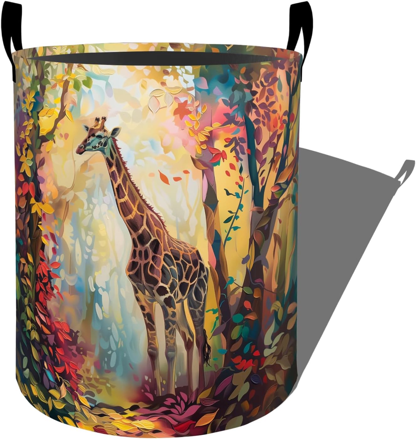 Colorful Giraffe in Forest Laundry Basket with Handles, 19.7"x15.7" Clothes Foldable Laundry Hamper Organizer for Dorm Nursery Bedroom Bathroom Decor, Toy Storage Bin for Kids