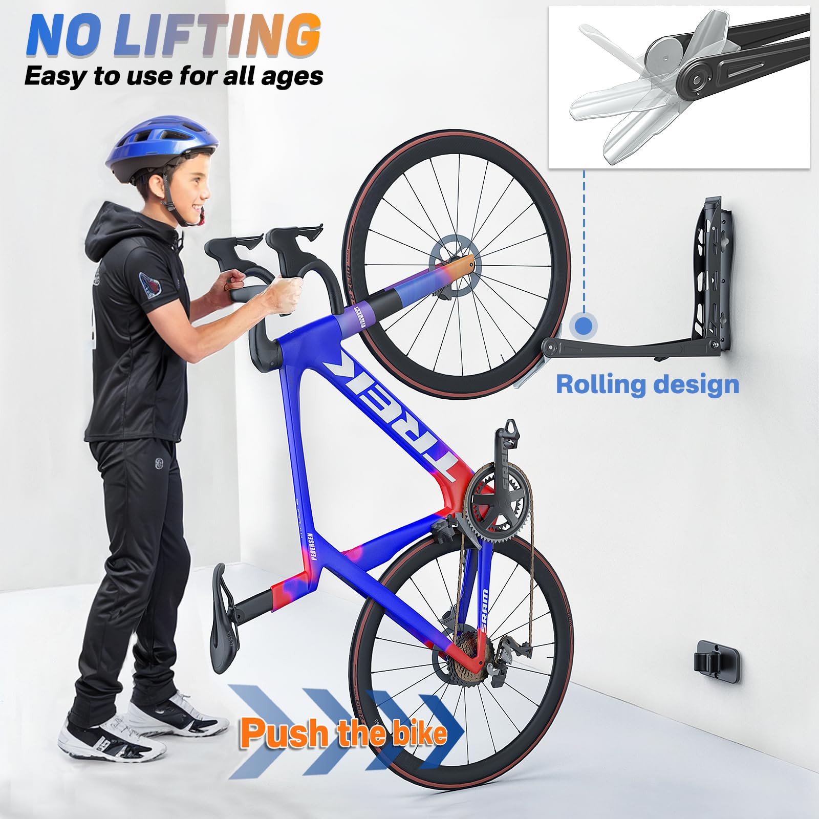 organizelink BIKEPAL No-Lift Swivel Bike Rack Wall Mount - Foldable Space Saving Design, Heavy-Duty Steel, 78lb Capacity, Fits 18-28