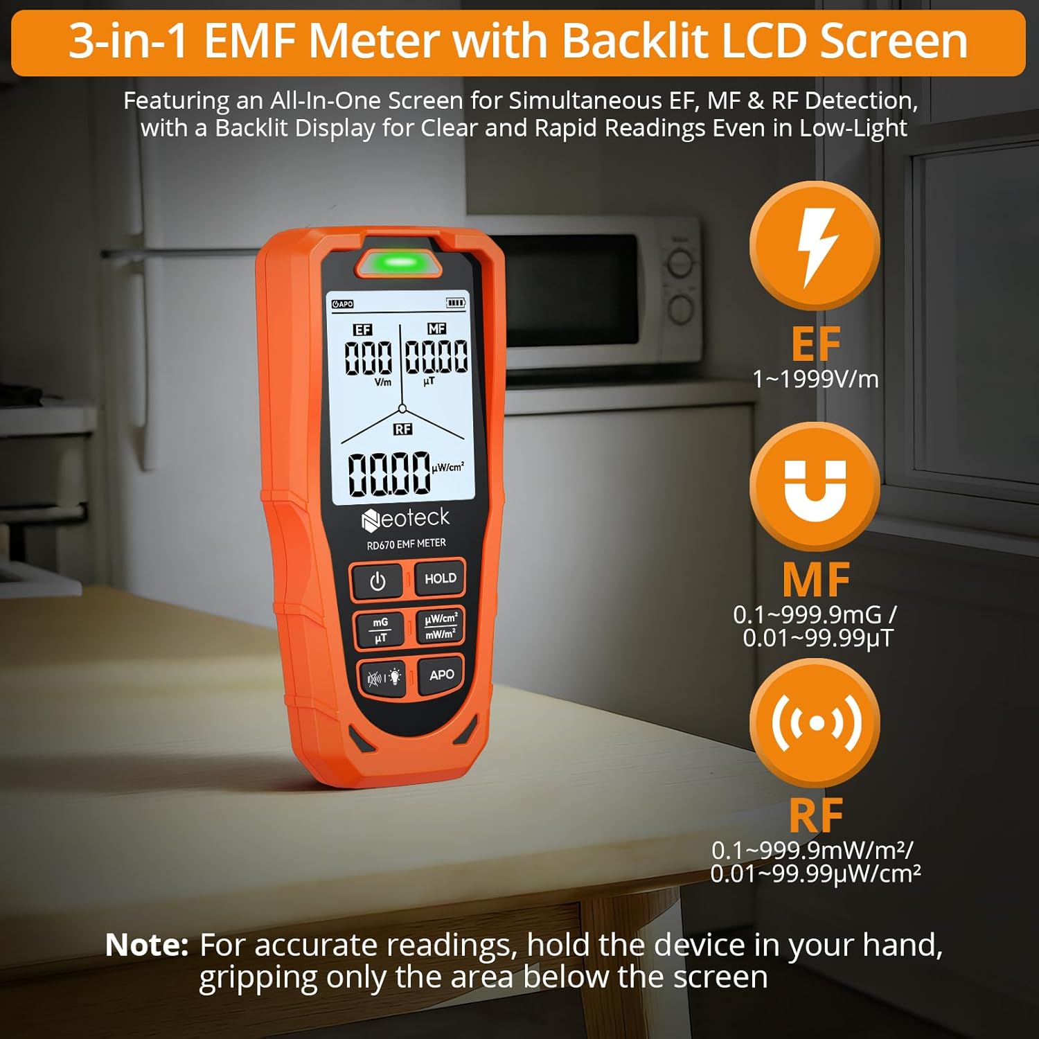 Neoteck RD670 EMF Detector displaying EF, MF, and RF readings on its screen.