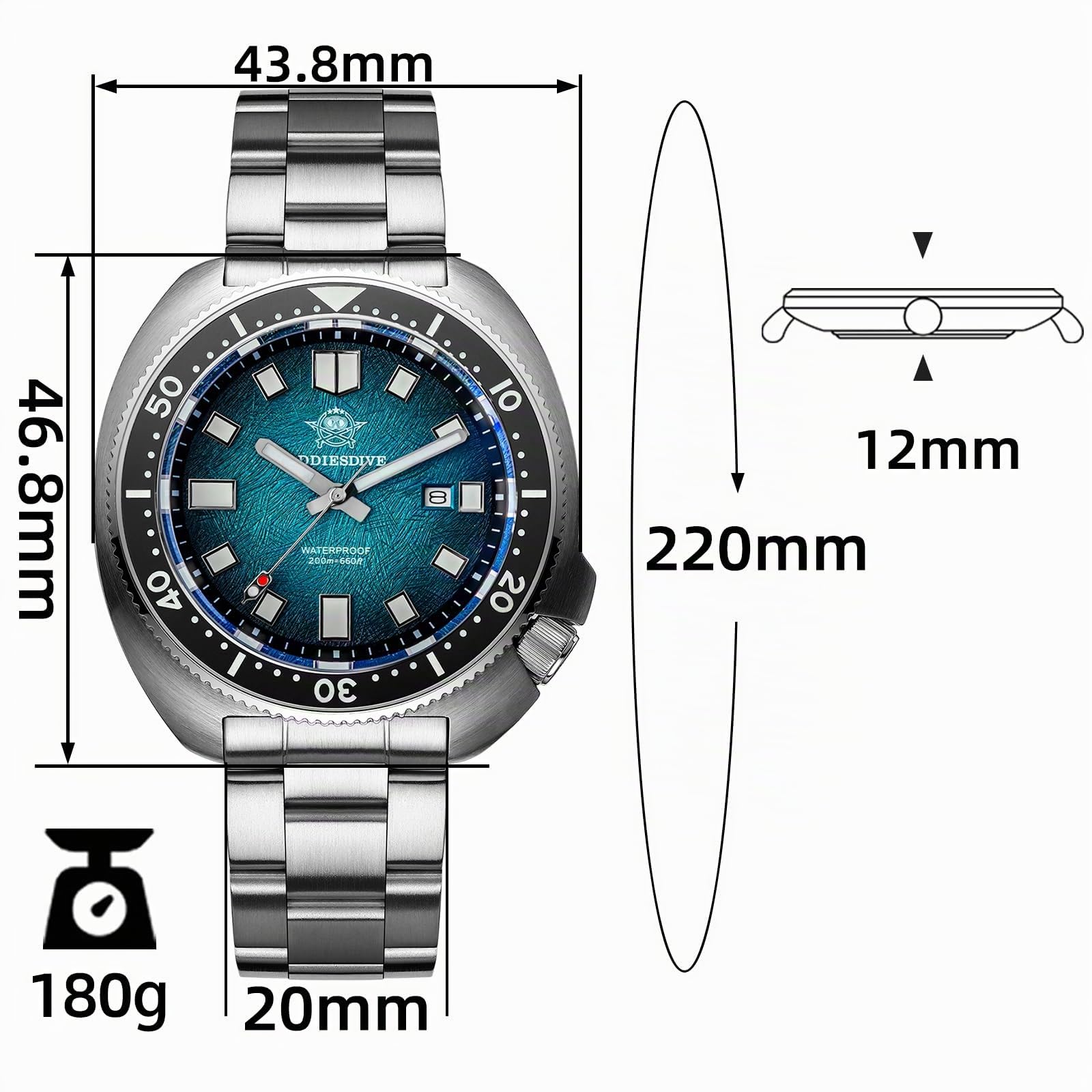 ADDIESDIVE 43.8 MM Orologio Uomo Vetro Zaffiro Sintetico AD2511 Movimento al quarzo Super Lume 200 M Orologi Subacquei Acciaio