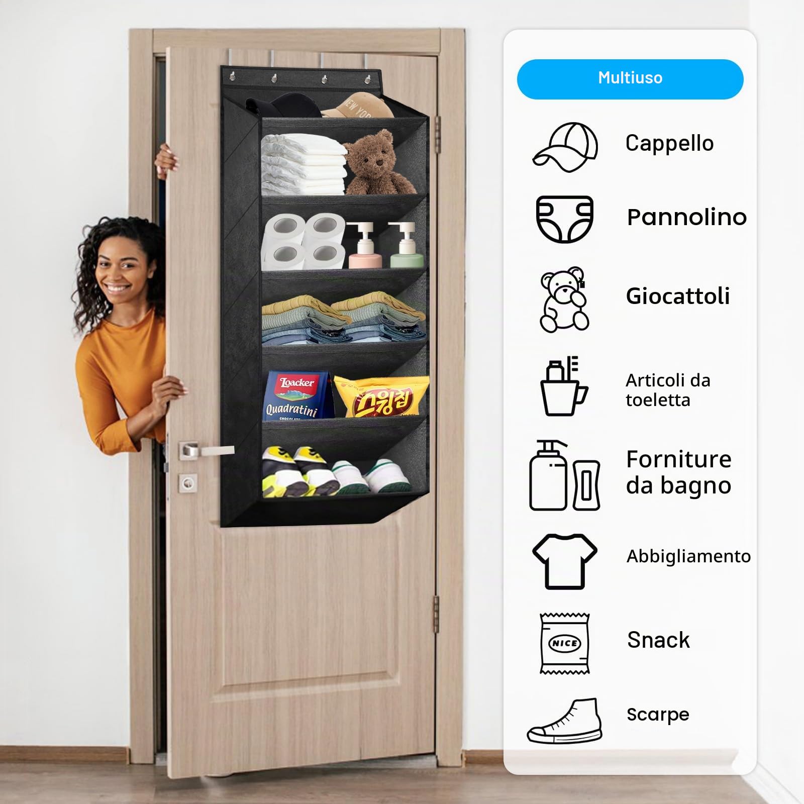Scarpiera porta, scarpiera da appendere, organizer per scarpe, porta con 6 tasche profonde, adatta a 12 paia di scarpe (nero)