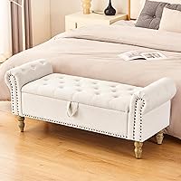 Furnimart 52" Faux Linen Storage Bench for Queen Bed End - Upholstered Ottoman with Rolled Arms, 2.5 Cu Ft Hidden Storage