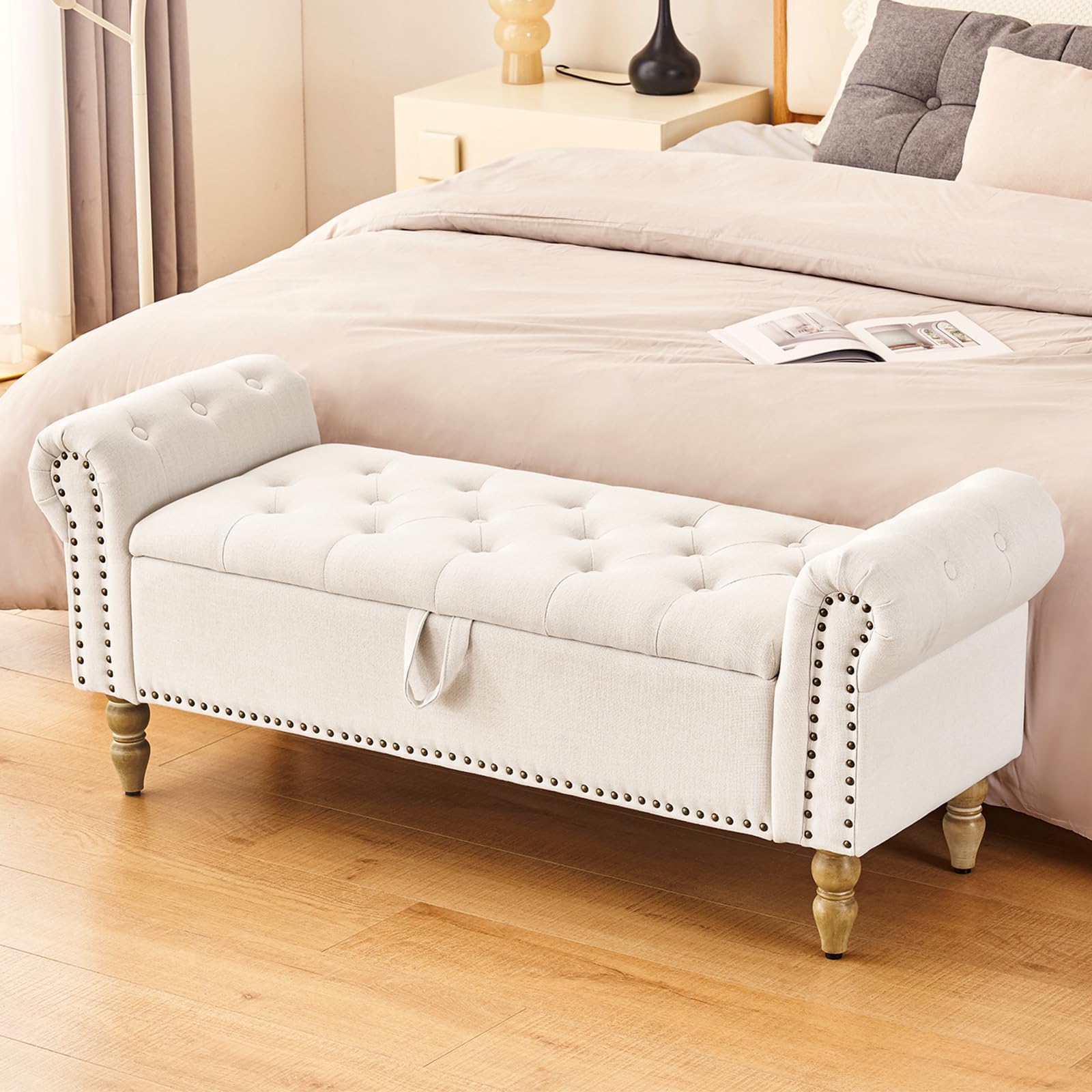 Storage Ottoman Bench for Bedroom End of Bed, Faux Linen Upholstered Storage Bench Accent Bench with Rolled Arms Wood Legs for Bedroom,Living Room, Entryway, 2.5Cubic Feet