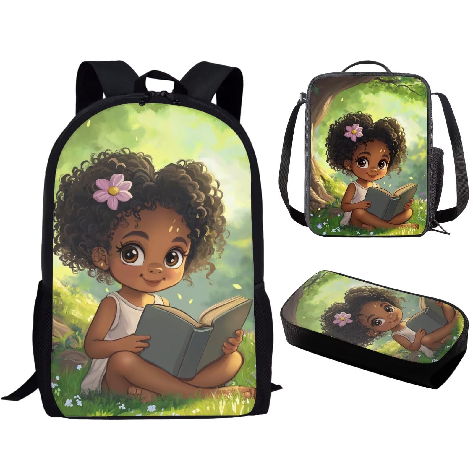 BYCHECAR Black Girl Backpack for Kids Double Zipper Travel Bookbag with Kid Lunchbox Pencil Pouch Large Capacity Set for School