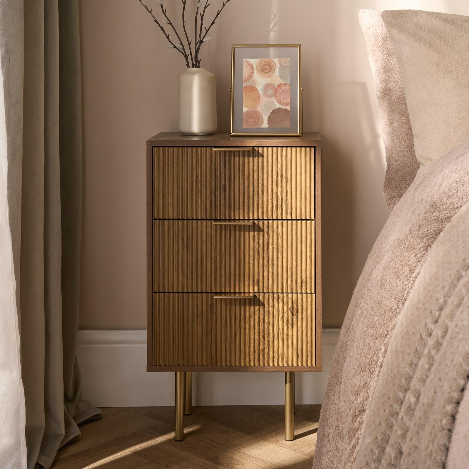 OHS 3 Drawer Bed Side Table for Bedroom Living Room, Decorative Ribbed Wooden Nightstand Slim Bedside Table Large Storage Bedside Drawers, Dark Wood - 64 x 36 x 24cm — image 1