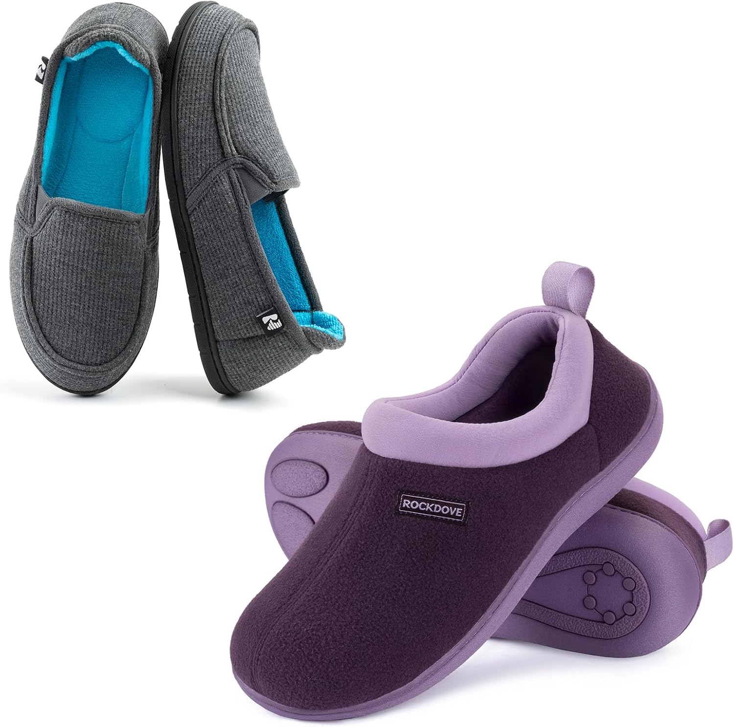 RockDove Set of 2 Pairs - Women's Size 8, Two-Tone Hoodback Slipper with Removable Insole (Dark Grey) Two-Tone Memory Foam Slipper (Eggplant)