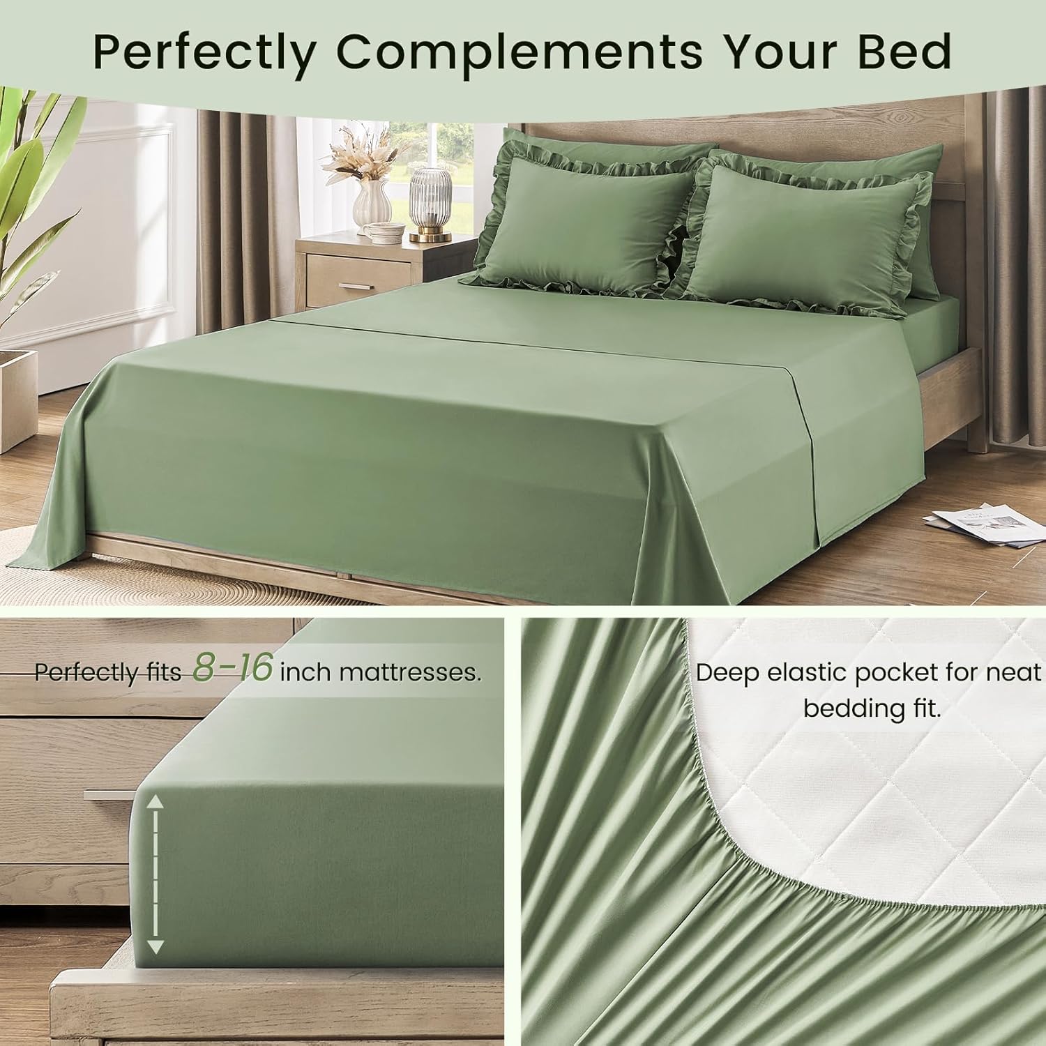 QUIETSEA Queen Bed in a Bag 7 Pieces Comforter Set Queen, Ruffle Shabby Chic Bedding Comforter Set Green Bed Set with Comforter, Pillowcases, Flat Sheet, Fitted Sheet and Pillow Shams