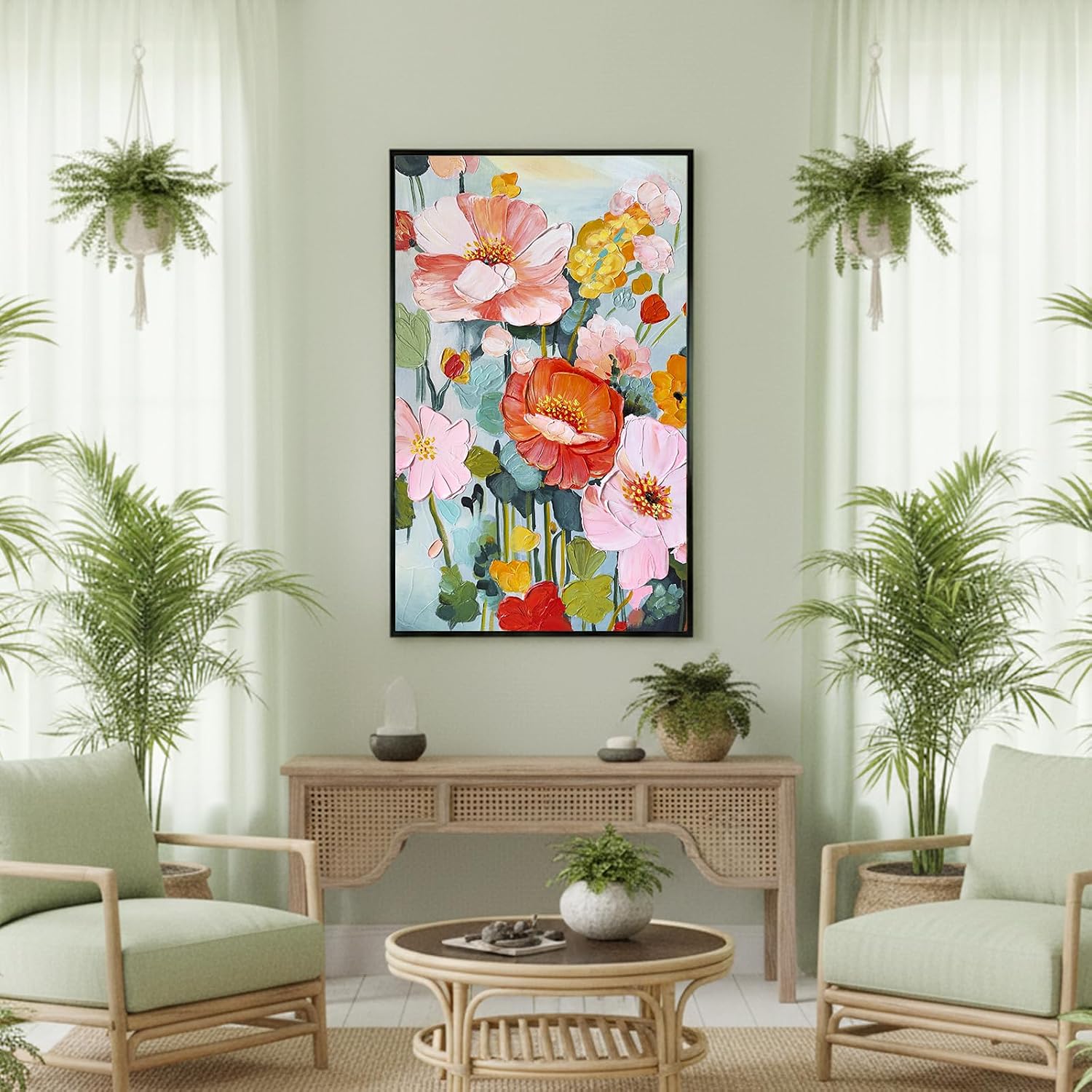 Large High-End Hand Painted Floral Oil Painting, Colorful 3D Textured Pink Flower Canvas Wall Art with Black Aluminum Alloy Frame, Bright Modern Botanical Home Decor for Living Room, 20" x 32"