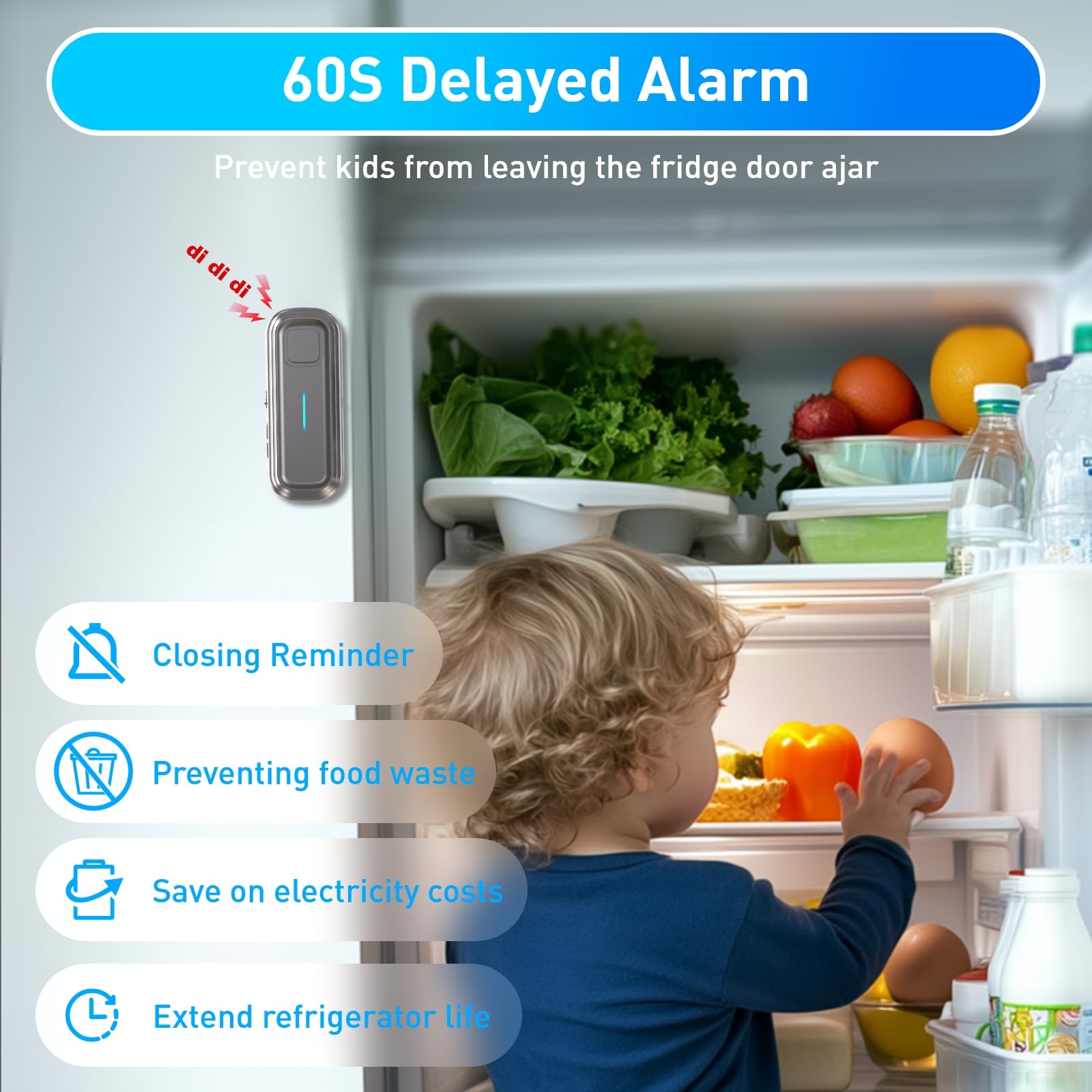 DAYTECH Fridge Door Alarm with Delay 1/2/3/4 Mins When Opend Window Alarm Close Doors Reminder Freezer Door Sensor or Chime 0 to 120 dB for Ajar Warning Silver 2 Packs - Image 2