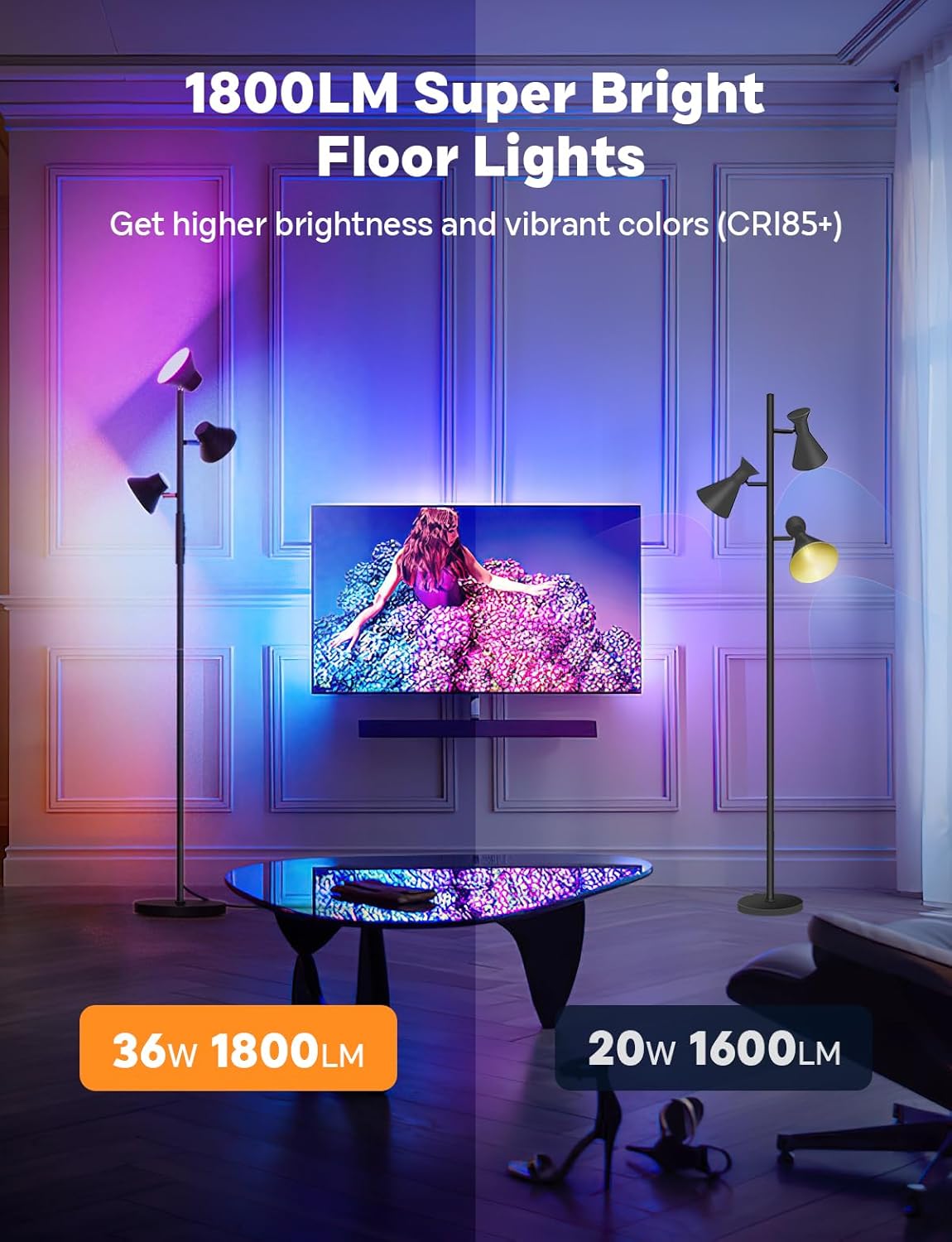 SIBRILLE RGBCW Floor Lamp, 36W Bright Color Changing Lamp, Modern Stepless Dimmable LED RGB Floor Lamp with Remote & Touch Control, Standing Lamp for Living Room, Game Room, Bedroom