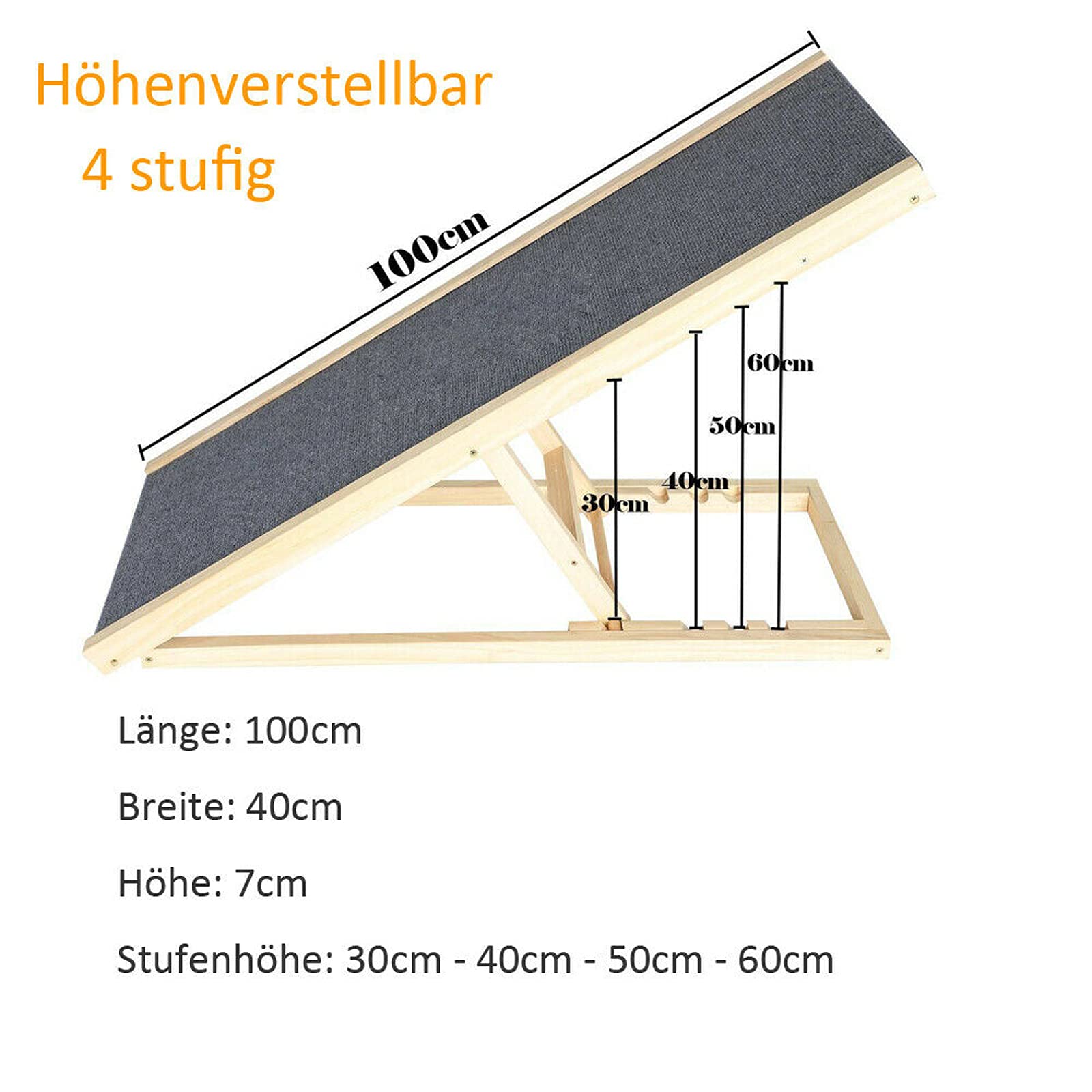 Rampa independiente para perros para interior y exterior, de madera auténtica, con 4 alturas ajustables y alfombra antideslizante, diseño plegable portátil, para cama o sofá, 100 cm x 40 cm