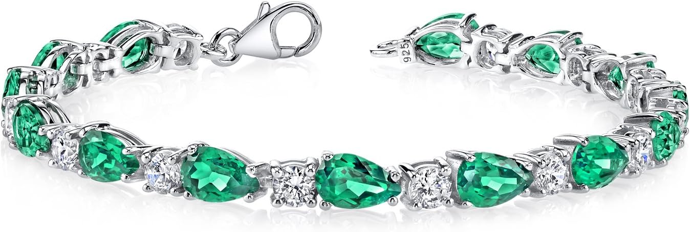 PEORA 13 Carats Simulated Emerald Tennis Bracelet for Women 925 Sterling Silver, Teardrop Pear Shape 8x5mm, 7.50 inch length, Green, May Birthstone