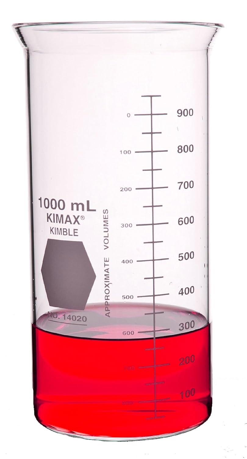 Kimble 14020-1000 Borosilicate Glass Tall Form Berzelius Beaker without Spout, 1000mL Capacity (Case of 6)