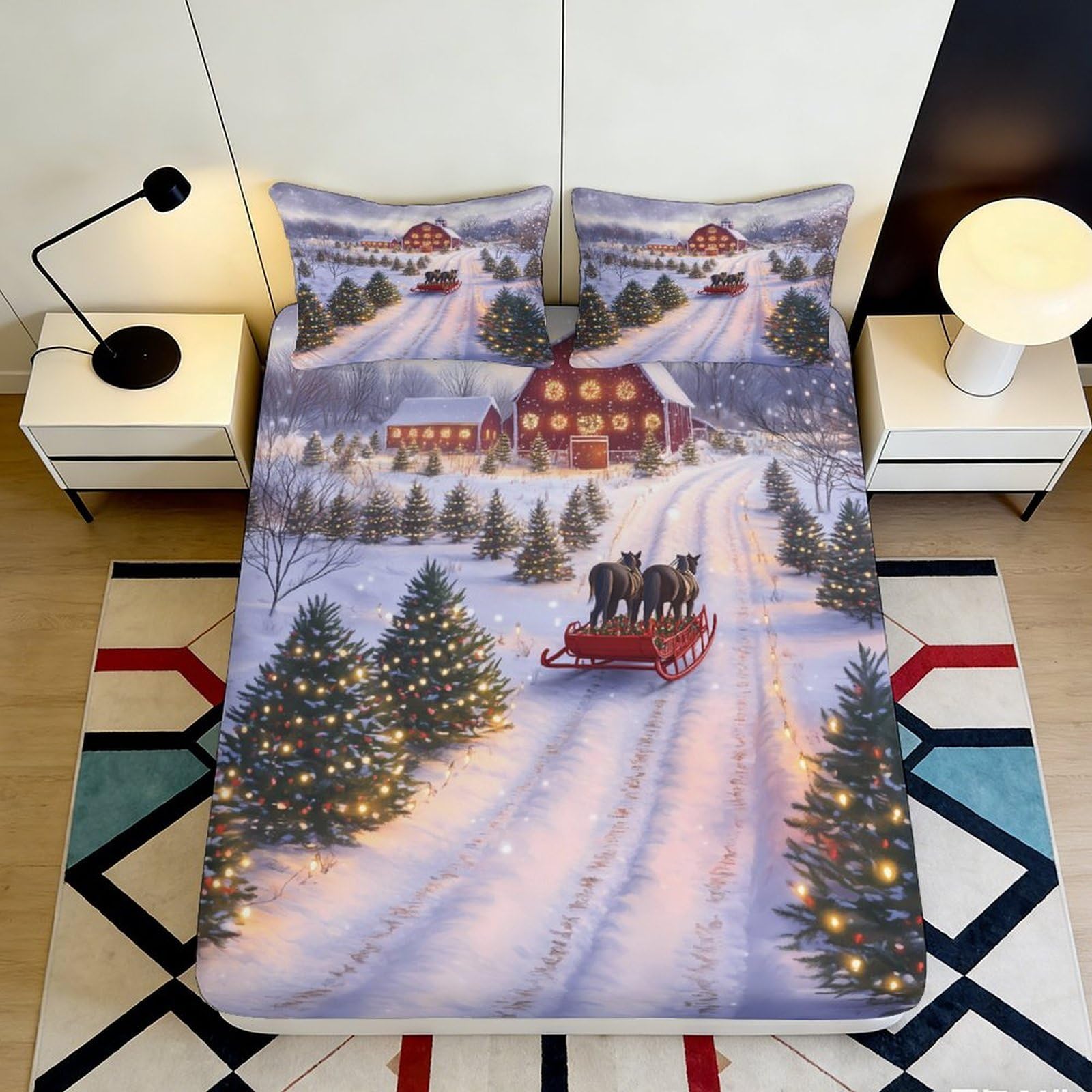 3D Printed Winter Village Fitted Sheet Microfiber Sleigh Ride Bed Cover for Bedroom Guest Room Christmas Decor 90x200x25cm