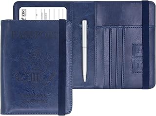 Passport Holder Leather Rfid Blocking Passport Id Organizer Cover Wallet Case with Vaccine Card Holder Combo CDC Vaccination Protectors Book for Men Women (Dark Blue)