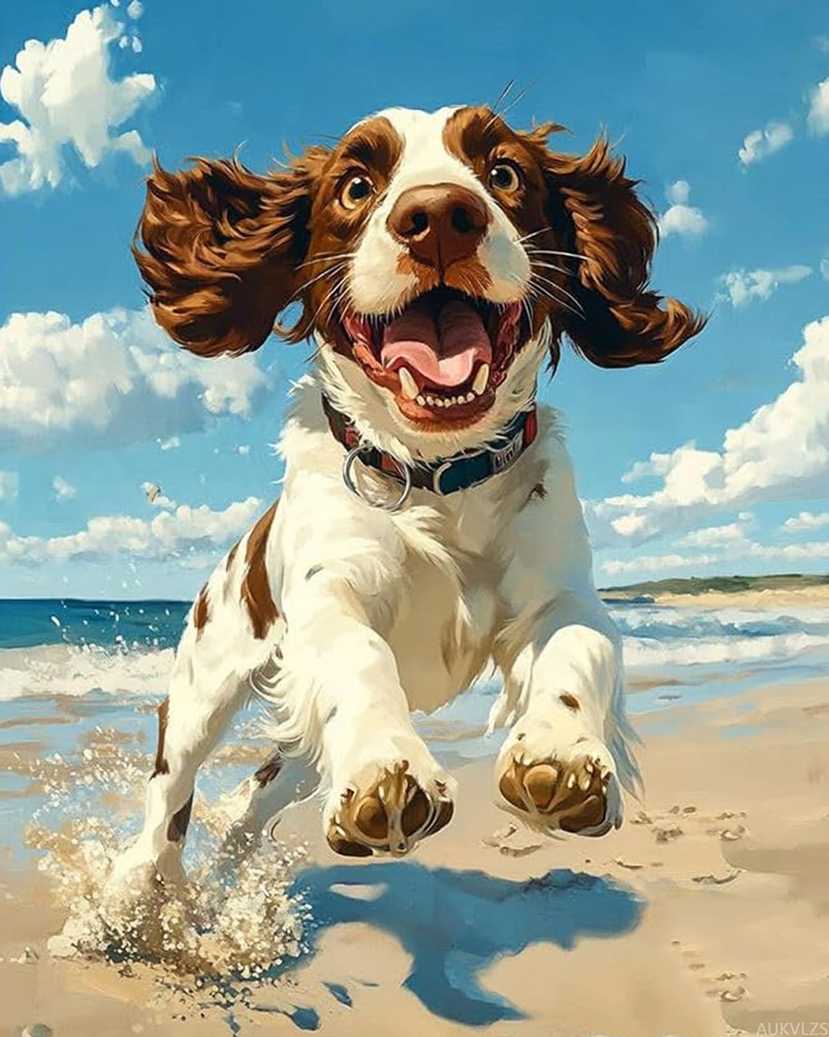 Springer Spaniel Dog on The Beach Paint by Numbers Kit for Adults Beginner, Cute Dog Adult Paint by Number Kits on Canvas, DIY Acrylic Watercolor Oil Paint by Number for Adults Home Decor 16" x 20"