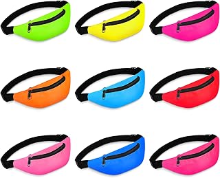 9 Pieces Neon Fanny Packs 80s Party Colorful Waist Bags Oxford Cloth Fanny Packs Zippered Belt Bags with Adjustable Belt for Theme Parties Hiking Running Cycling