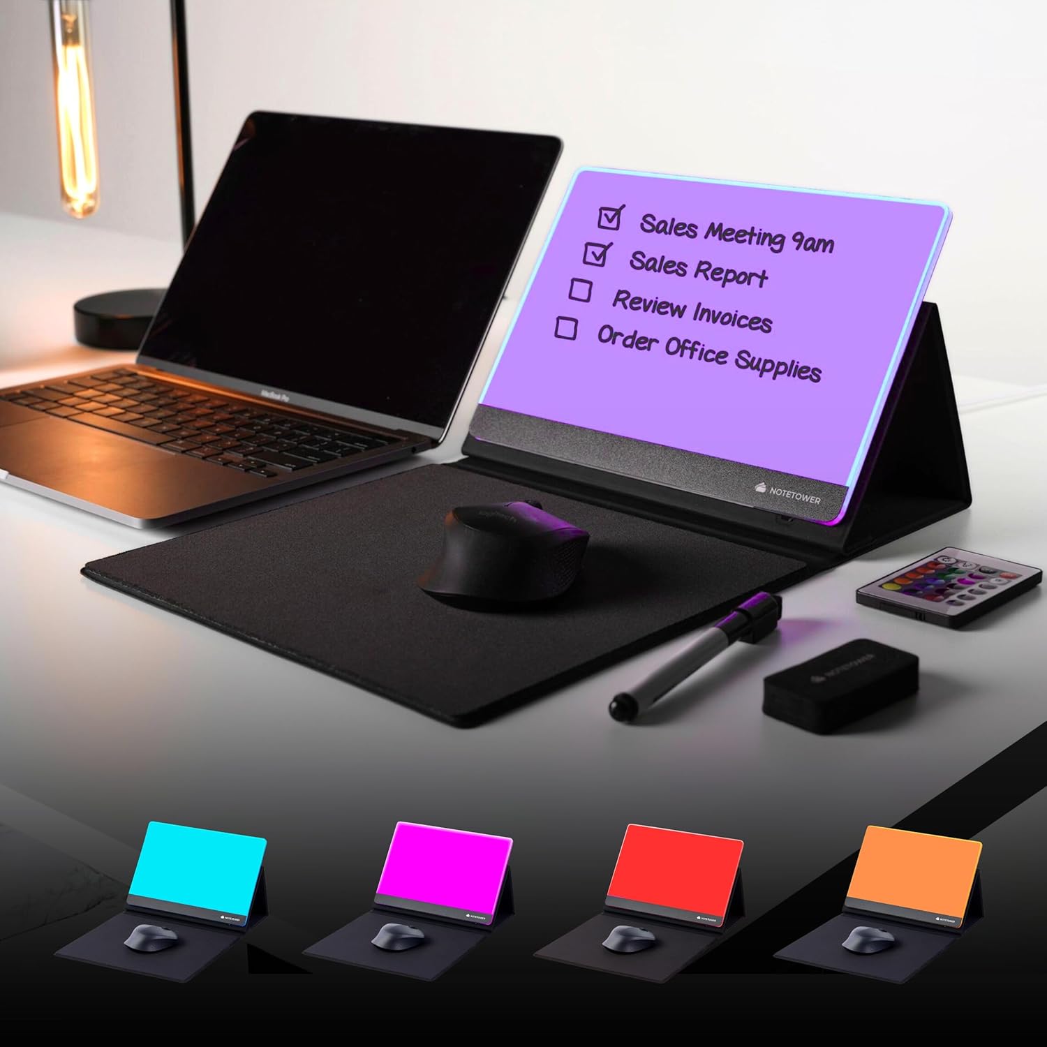 Note Tower LED Mousepad Whiteboard | Dry Erase Acrylic Board for Desk | Light Up Color White Board | Write Notes & to-Do Lists, Gaming Performance Mouse Pad, for Office, Home, School (Electric)