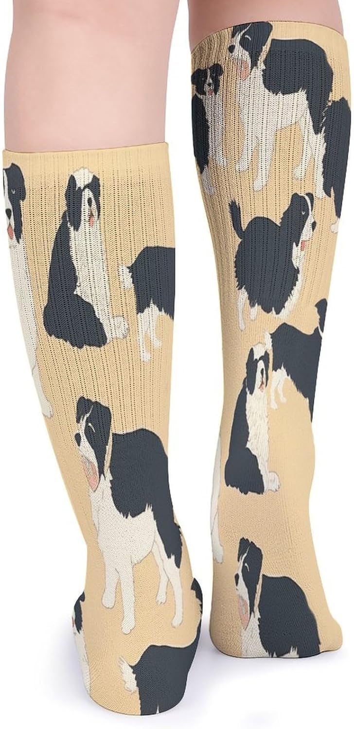 Border Collie Pattern Crew Socks Cozy Casual Calf Socks Lightweight Long Work Sock Breathable Athletic Sock for Hiking Sports Running 5 Pairs