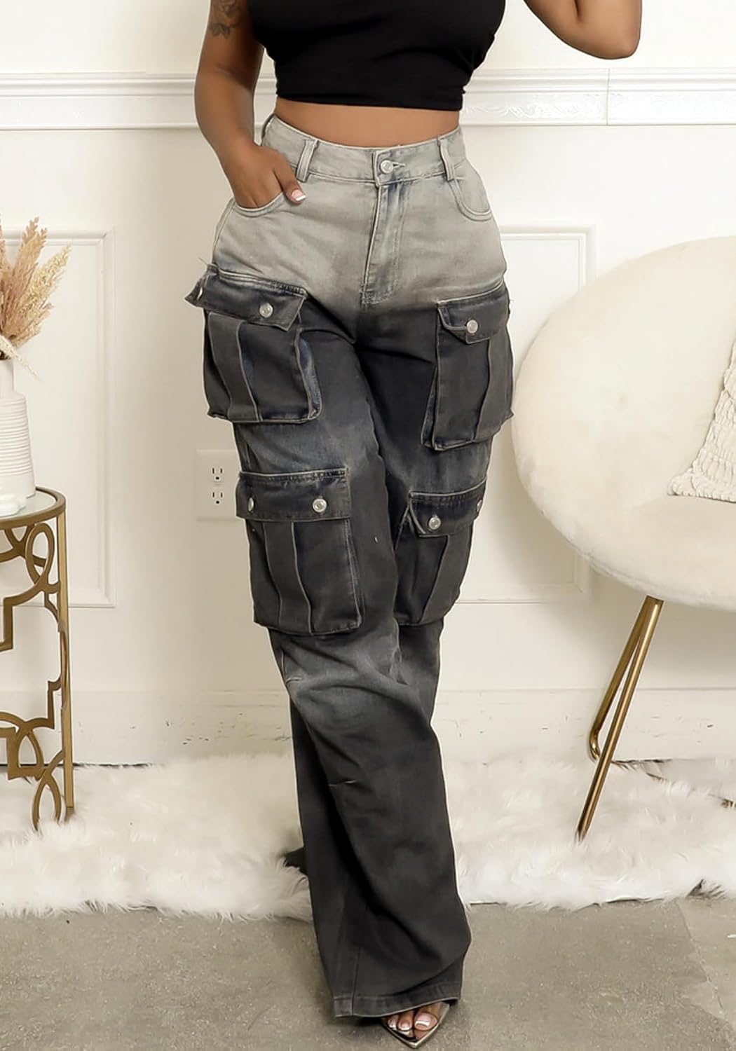 Vaceky Stretch Baggy Jeans Women High Waist Straight Leg Y2K Denim Cargo Pants