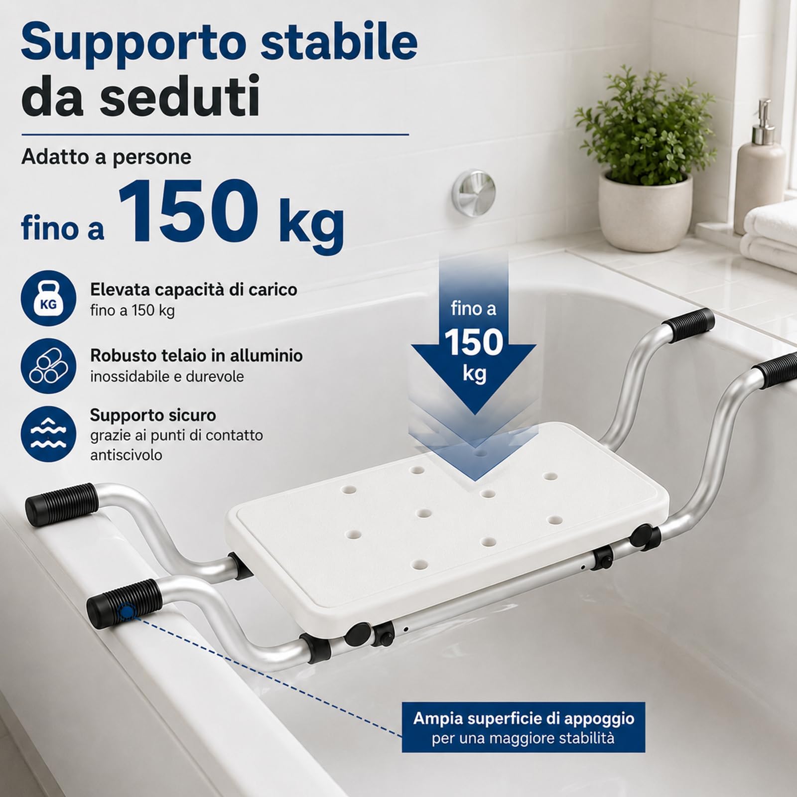 Sgabello da Doccia 3 in 1,OJTOJT Sedile per Vasca da Bagno Allungabile Sedia per Vasca da Bagno 72-82cm Sedia da Doccia Portata 130 kg Sedile Sospeso in Alluminio Seduta Vasca per Anziani