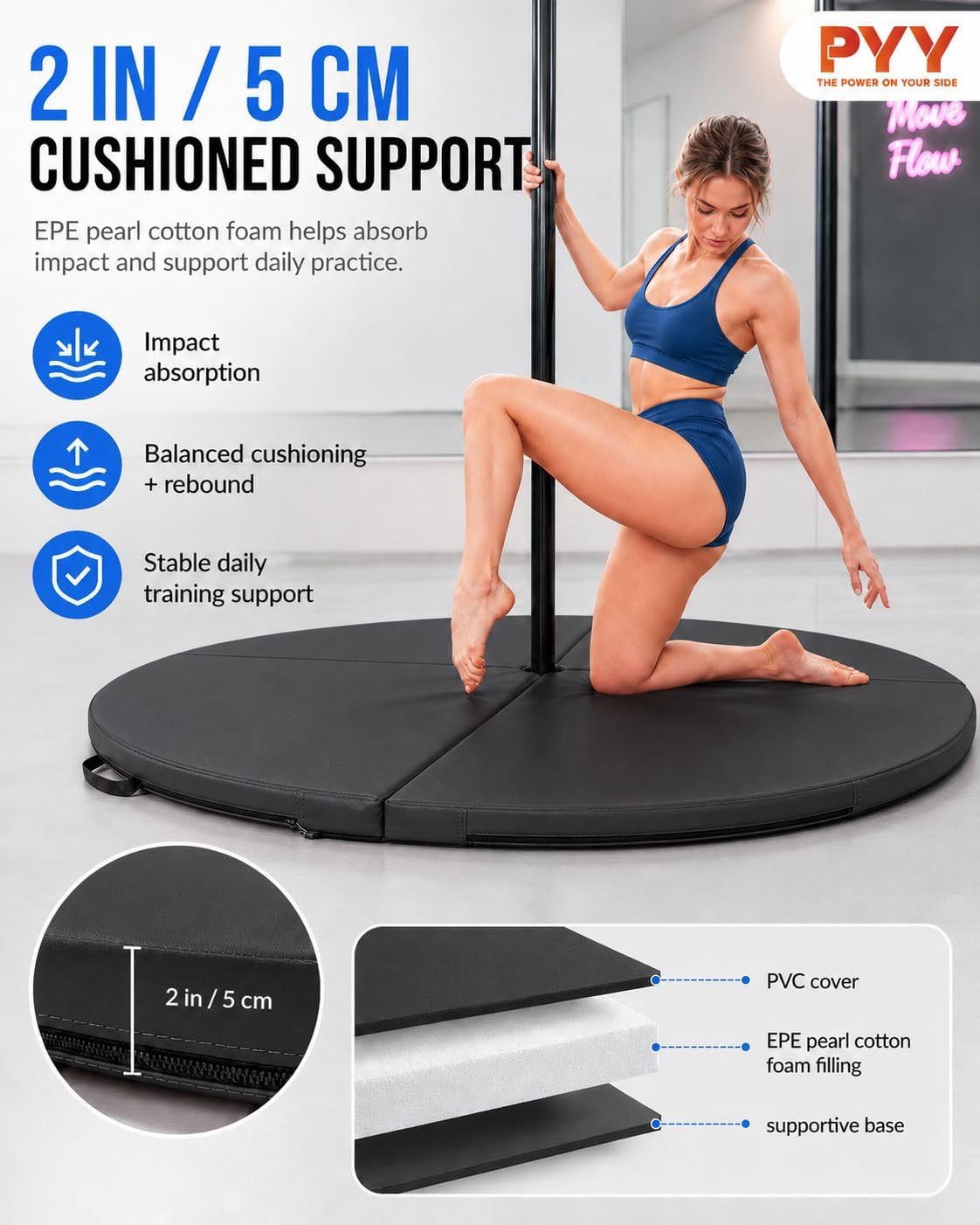 PYY Dance Pole Crash Mat - 4 ft Foldable & Portable Pole Crash Pad with an Easy-to-Clean Cover, Band Included, 2" Thicken EPE Foam Exercise and Dance Pole Cushion for Home, Yoga, Fitness, Training