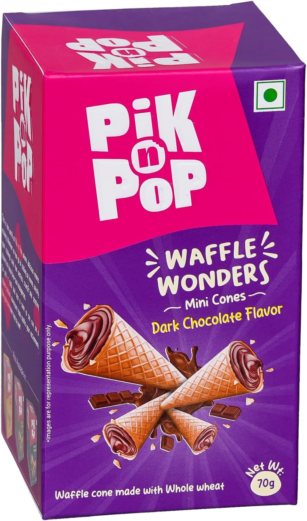 Dark Chocolate Mini Waffle Cones 70g, Crispy Cones with Creamy Dark Chocolate Filling, Whole Wheat, Non-Meltable Ready-to-Eat Snack, 100% Eggless