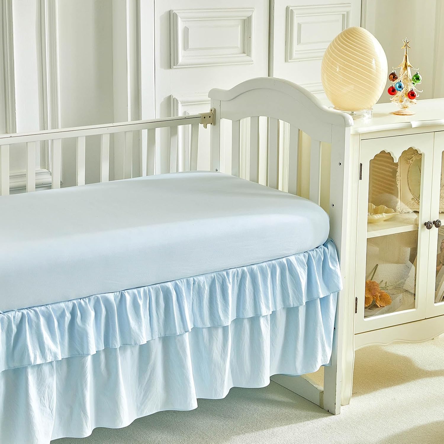 Patchwork Crib Bedding Set Blue Ocean Plaid Design 3 Pieces Baby Cute Quilted Comforter with Fitted Sheet and Bed Skirt - Whales Dolphins Turtles Seahorses Shell Marine Animals Style Crib Bed Set