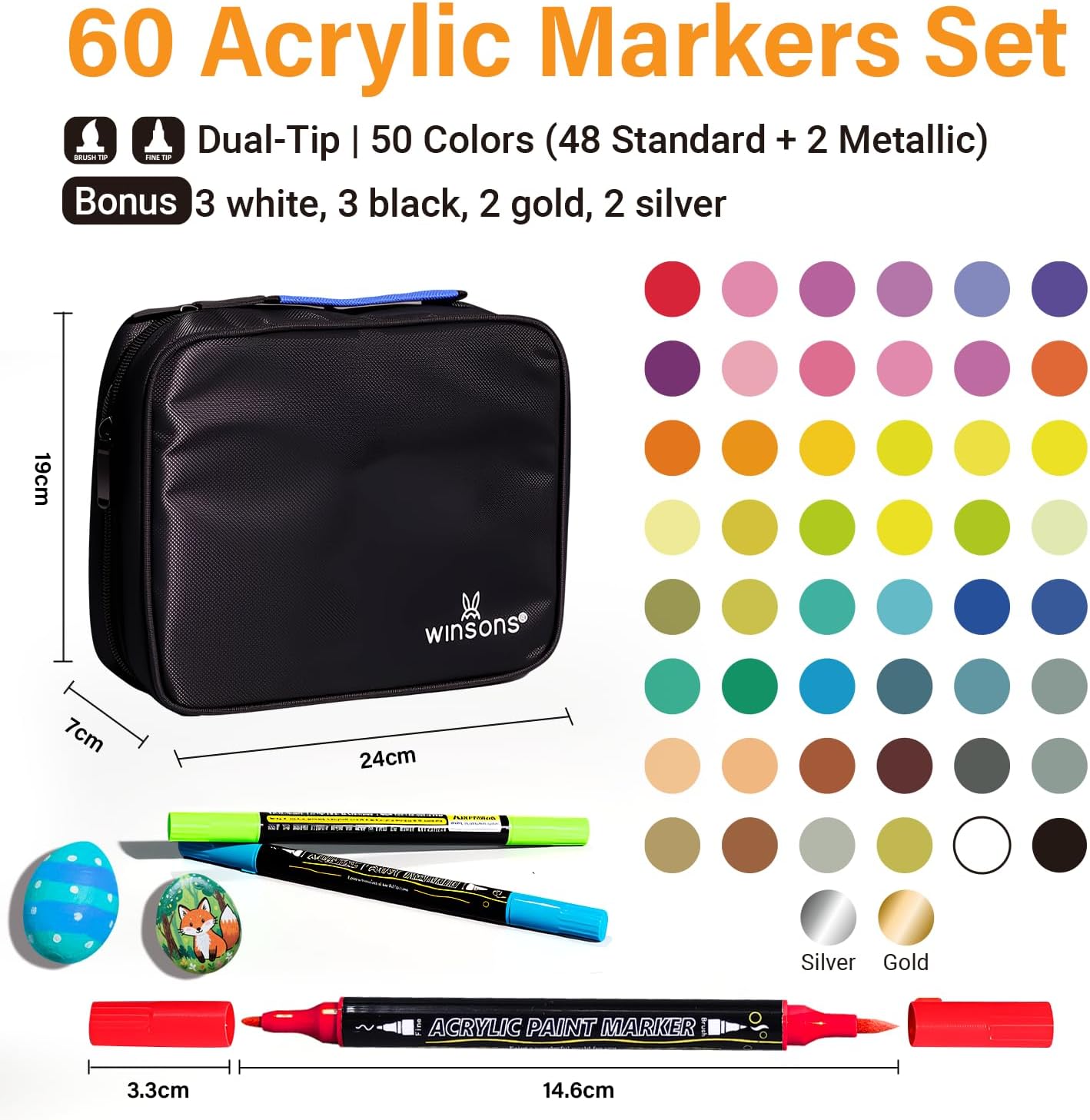 WINSONS Acrylic Paint Pens, Dual Tip 60 Acrylic Markers with Brush Tip and Fine Tip, Art Supplies for Rock Painting, Wood, Canvas, Glass, Stone, DIY Crafts Drawing Kit with Bag