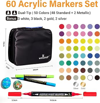 WINSONS Acrylic Paint Pens, Dual Tip 60 Acrylic Markers with Brush Tip and Fine Tip, Art Supplies for Rock Painting, Wood, Canvas, Glass, Stone, DIY Crafts Drawing Kit with Bag