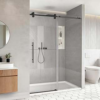 Frameless Single Sliding Shower Door, 56-60" W x 76" H, Glass Shower Door with 5/16" (8mm) Thick Tempered Clear Glass and Stainless Steel Hardware, Matte Black