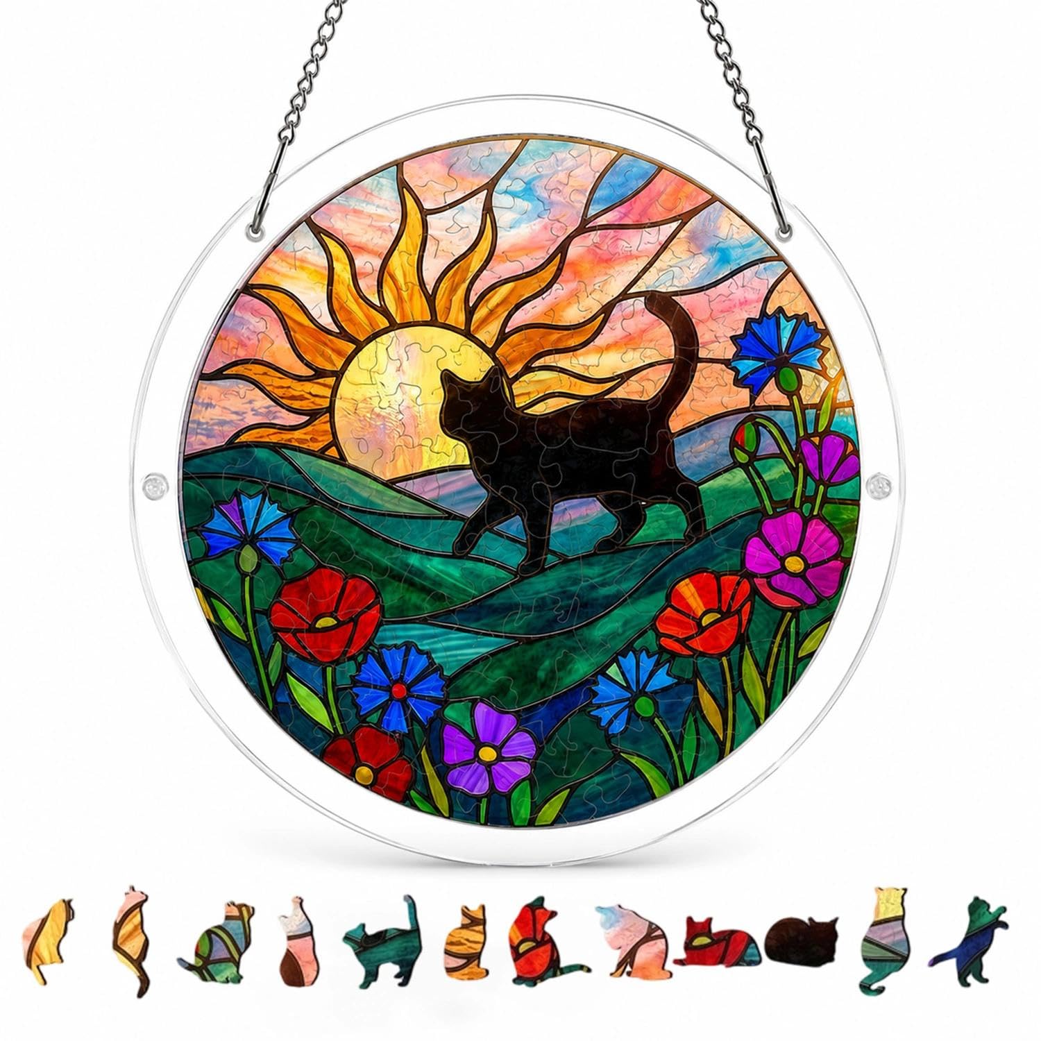 Black Cat Acrylic Jigsaw Puzzle Suncatcher, Floral Acrylic Puzzle Suncatcher Window Hanging Suncatcher for Windows Garden Home Decoration 7 Inch
