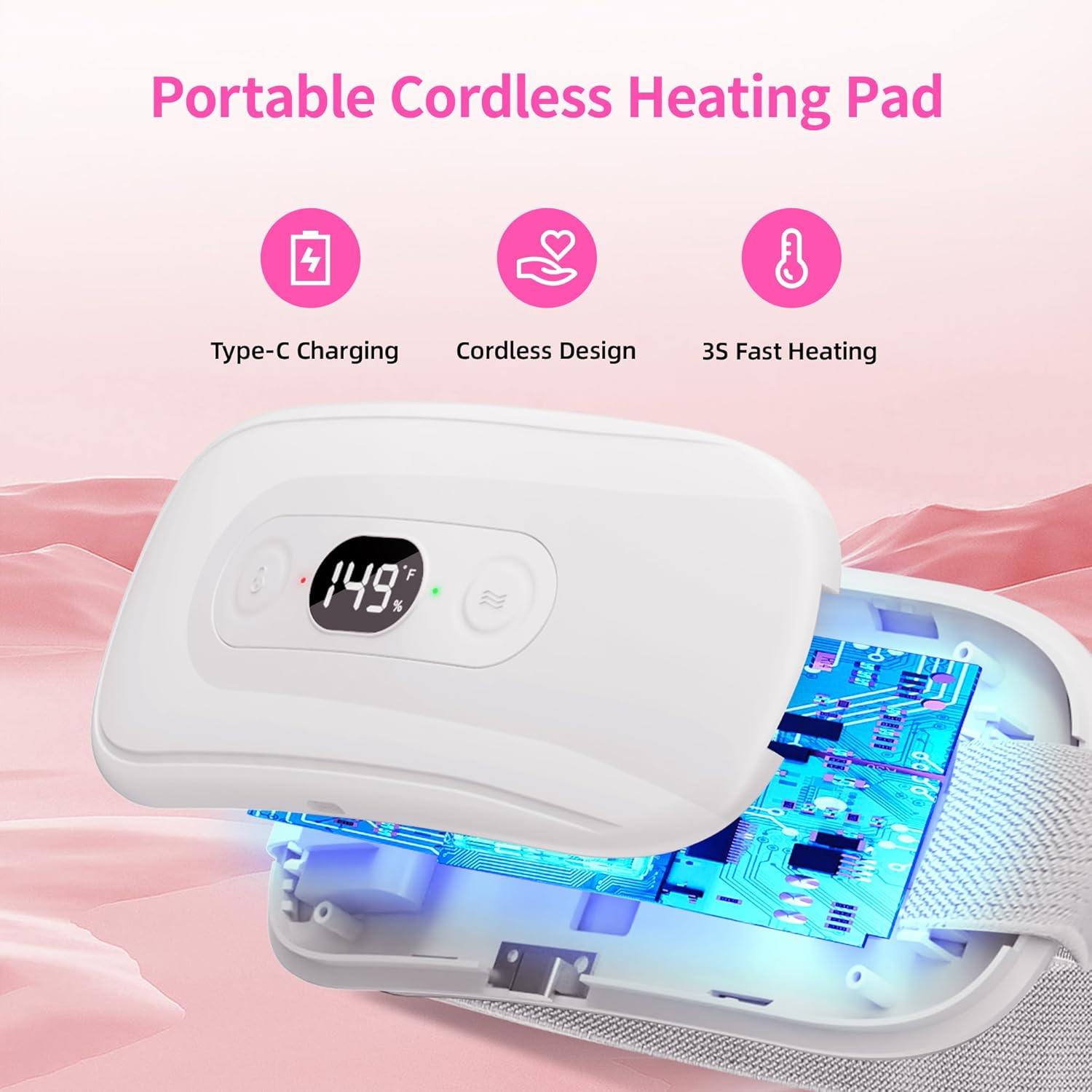 Portable Heating Pad Period Cramps: 2 Timer 6 Heat Levels 6 Vibration Modes Cordless Electric Heating Pad for Back Pain Relief Menstrual Heating Pad (White)