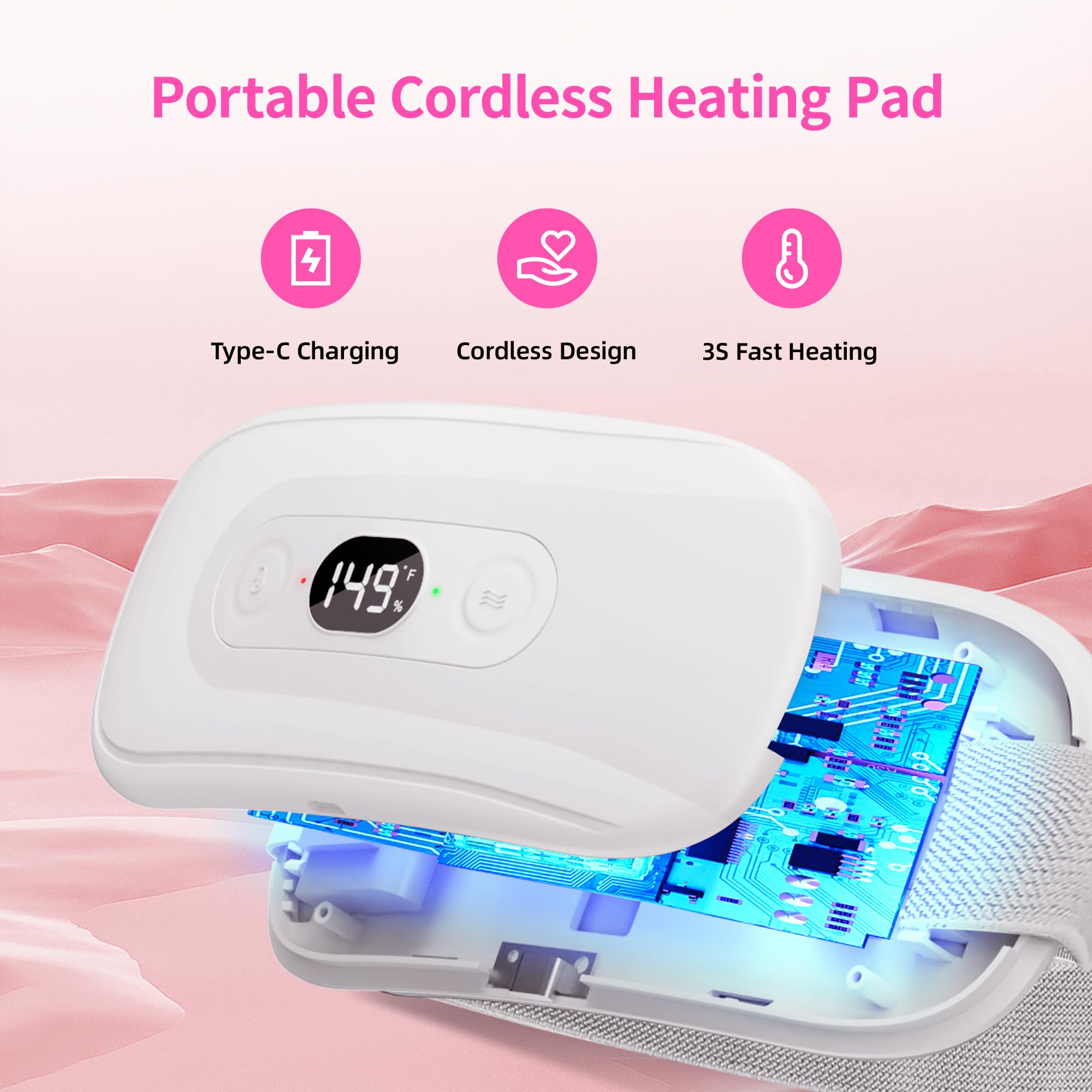 Almohadilla térmica eléctrica portátil menstrual: 6 niveles de calor, 6 modos de vibración, temporizador de 30 a 60 minutos, almohadilla térmica inalámbrica para viajes, calambres, alivio del dolor