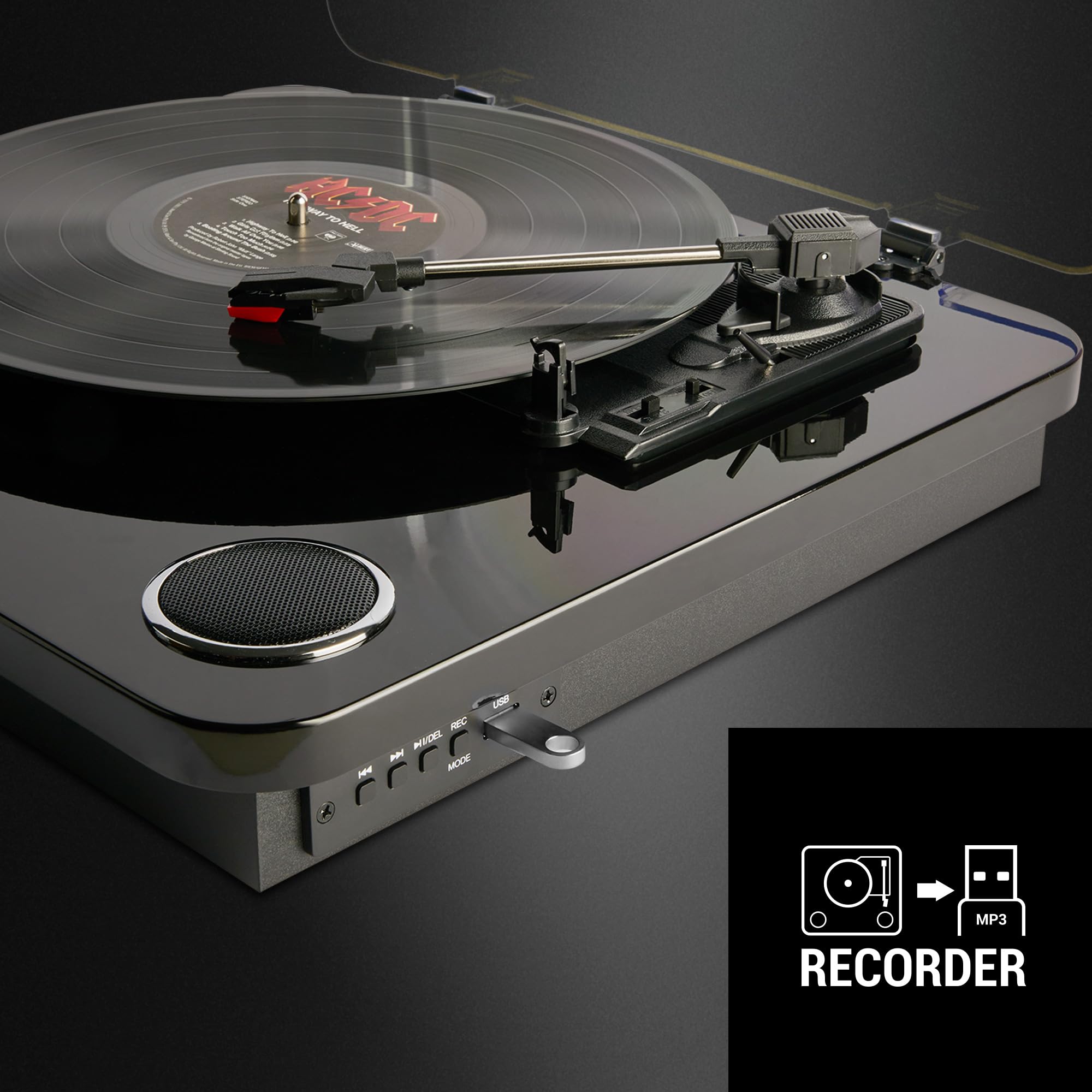 Energy Sistem BlackSpin Tocadiscos Vinilo Bluetooth con Altavoces Integrados para Escuchar Musica 10W out USB para Digitalizar Vinilos RCA 33/45/78 RPM Auto-Stop Gira Discos Traccion por Correa Black