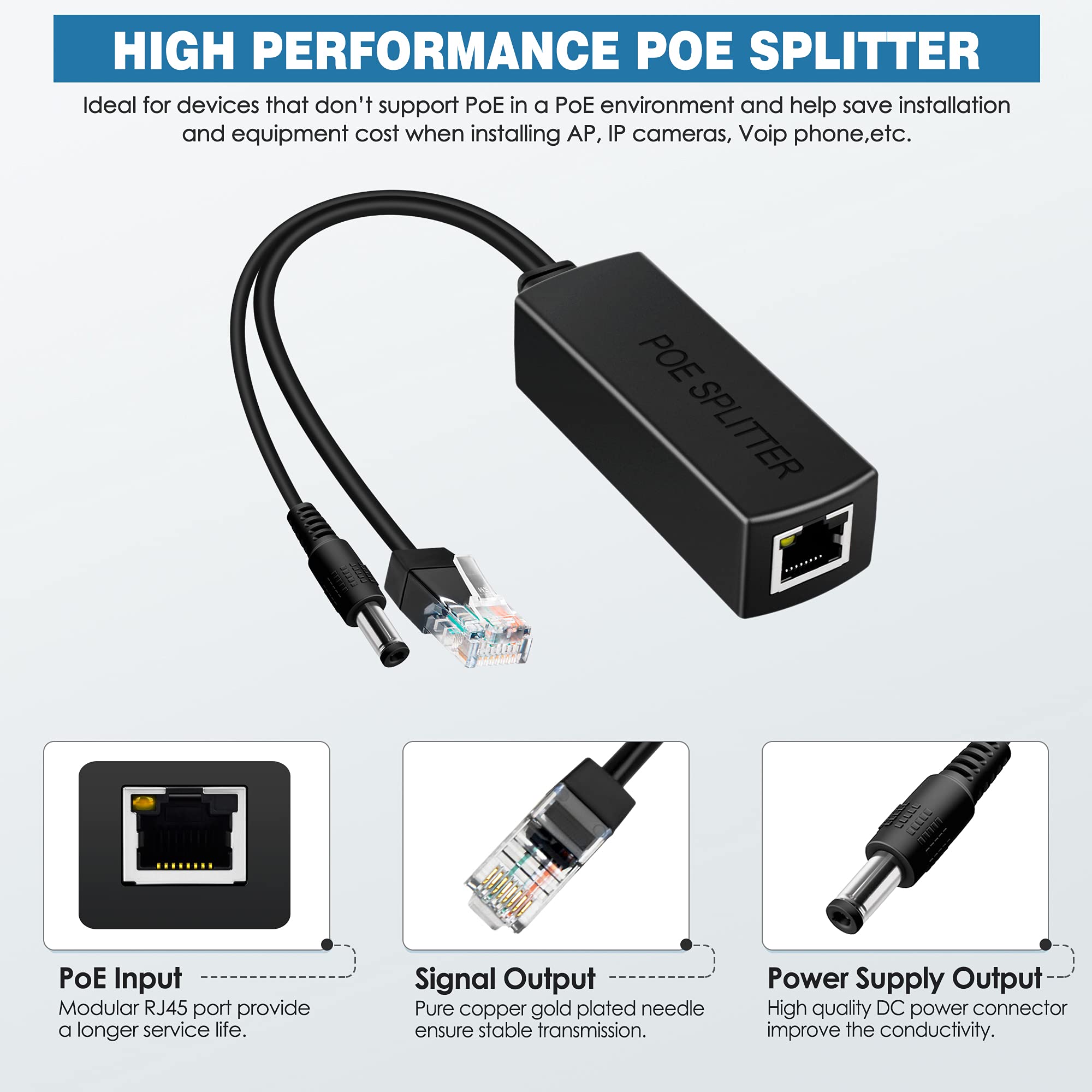 PwrON Active POE Splitter Adapter, 48V to 12V, IEEE 802.3af Compliant, 10/100Mbps up to 100 Meters for Surveillance Camera, Wireless Access Point and VoIP Phone