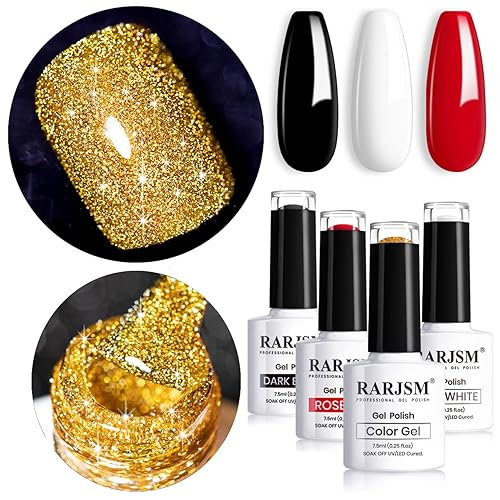 Juego de esmalte de uñas de gel con purpurina con esmalte de gel negro, blanco y rojo, esmalte de gel de diamante dorado, arte de uñas de gel