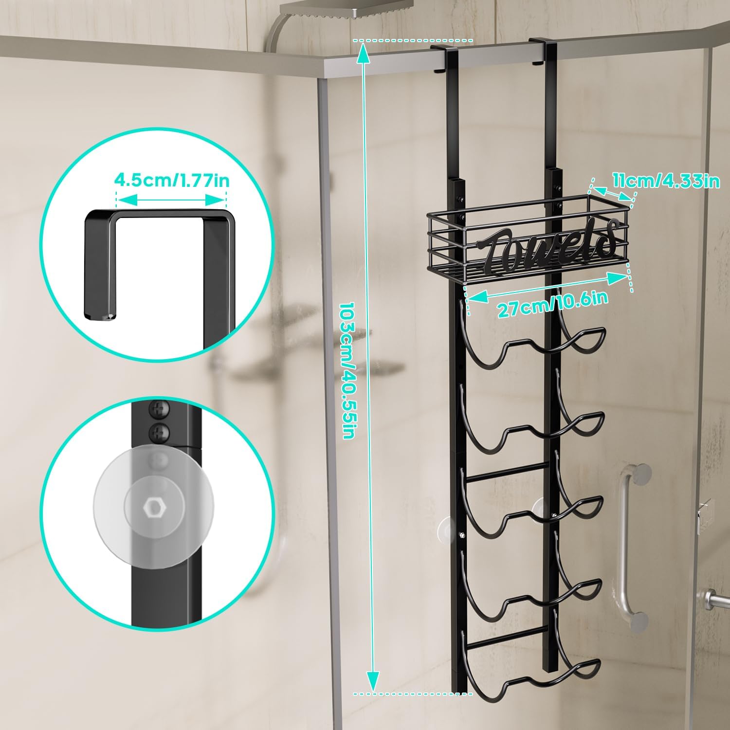HapiRm Over The Door Towel Rack - 6 Tier Wall Mount Rolled Towel Holder Storage Organizer Shelf with Storage Basket for Small Bathroom, Rv, Camper - Black