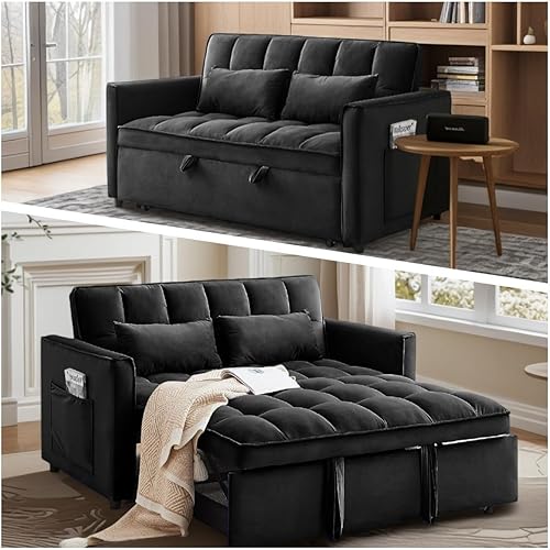 Convertible Sofa Bed, Pull Out Couch with Side Pockets, 3 in 1 Velvet Fabric Loveseat Sleeper Sofa Bed, Pull Out Couch with Adjustable Backrest for Living Room, Bedroom, Apartment, Black