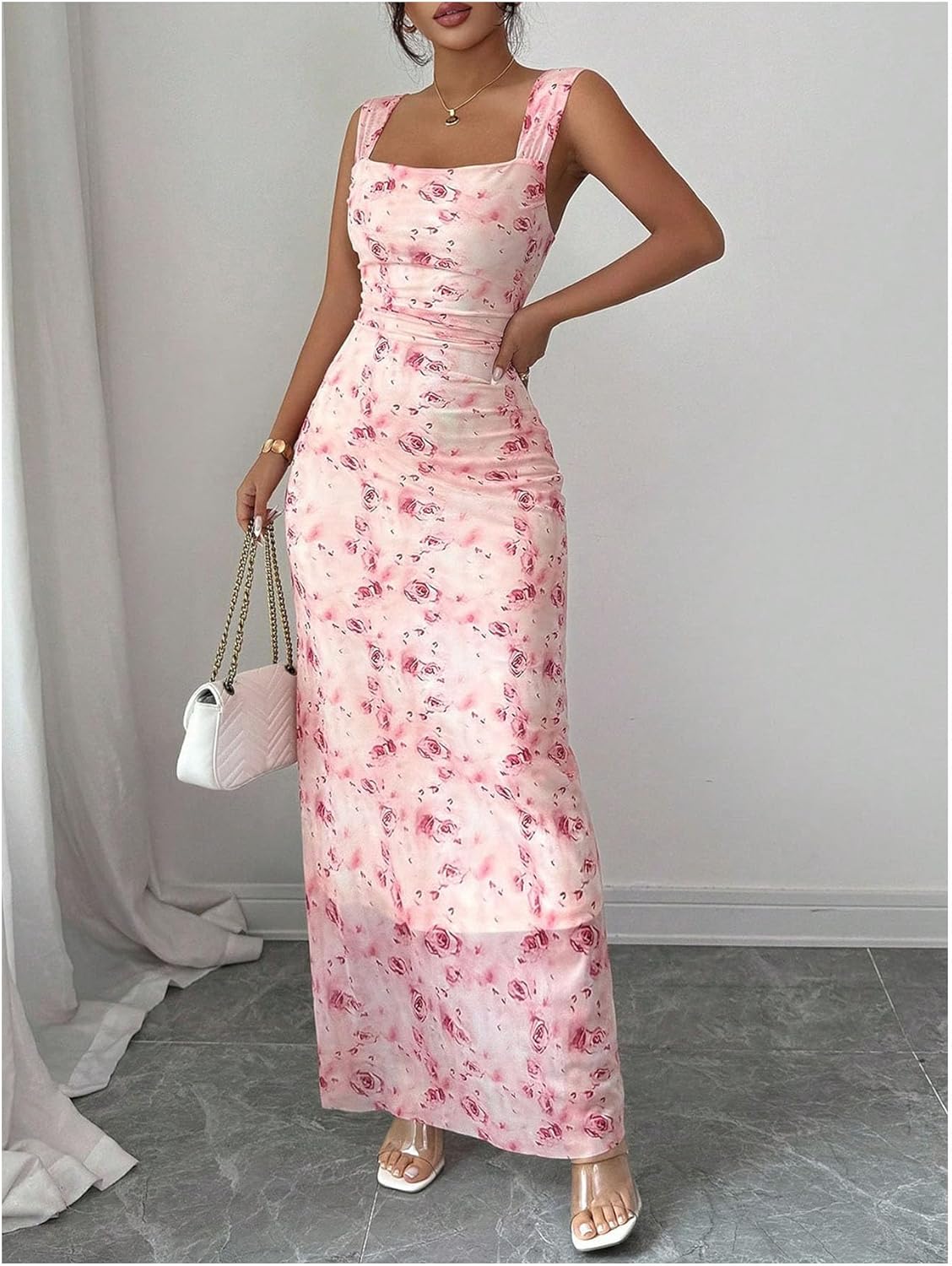 GORGLITTER Women's Floral Maxi Dress Ruched Mesh Sleeveless Cocktail Party Wedding Guest Bodycon Dresses